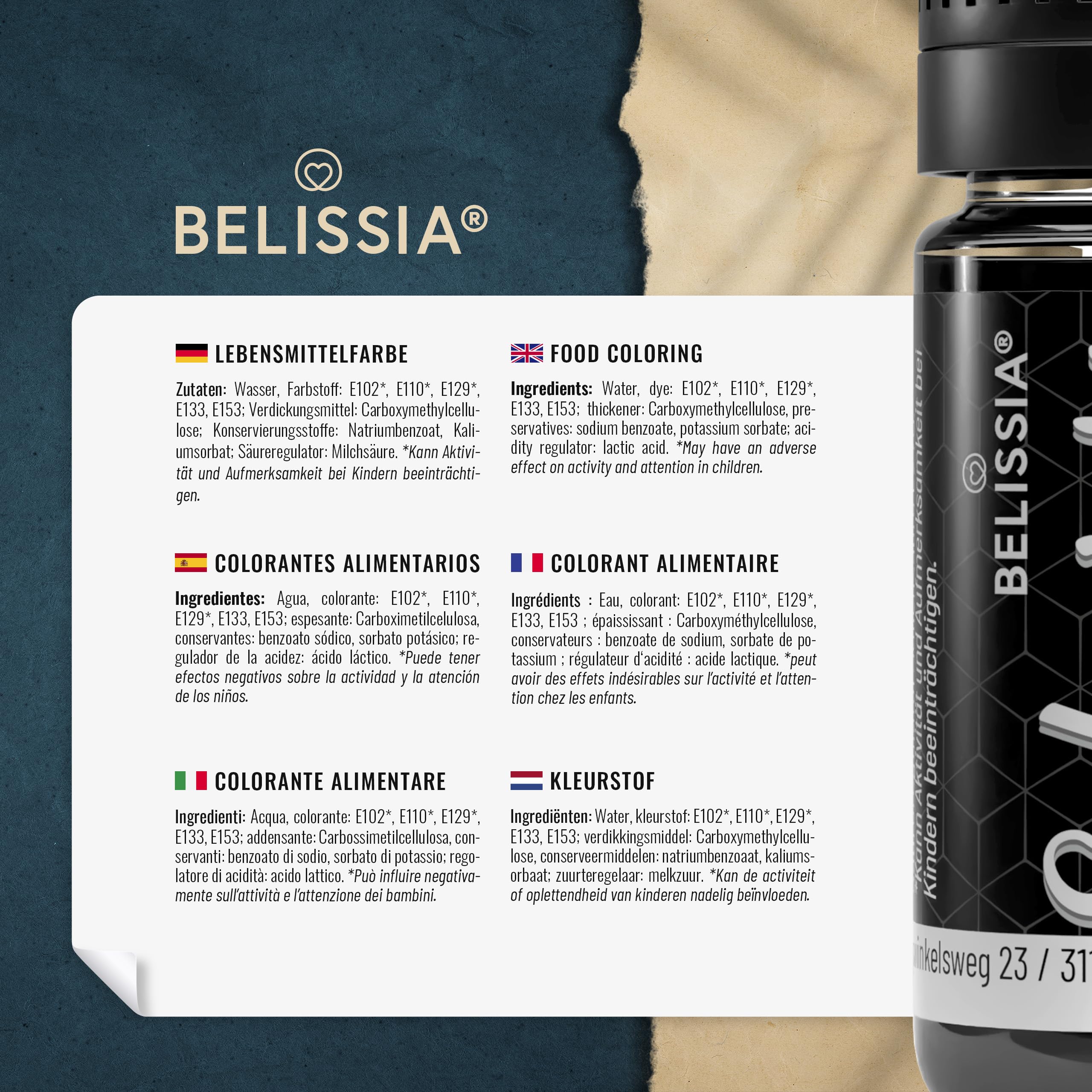 Belissia Lebensmittelfarbe Set – 8x10ml flüssig & hochkonzentriert – Lebensmittelechte Speisefarbe zum Backen, Kochen, Fondant & DIY - vegan, stark färbend, geschmacksneutral