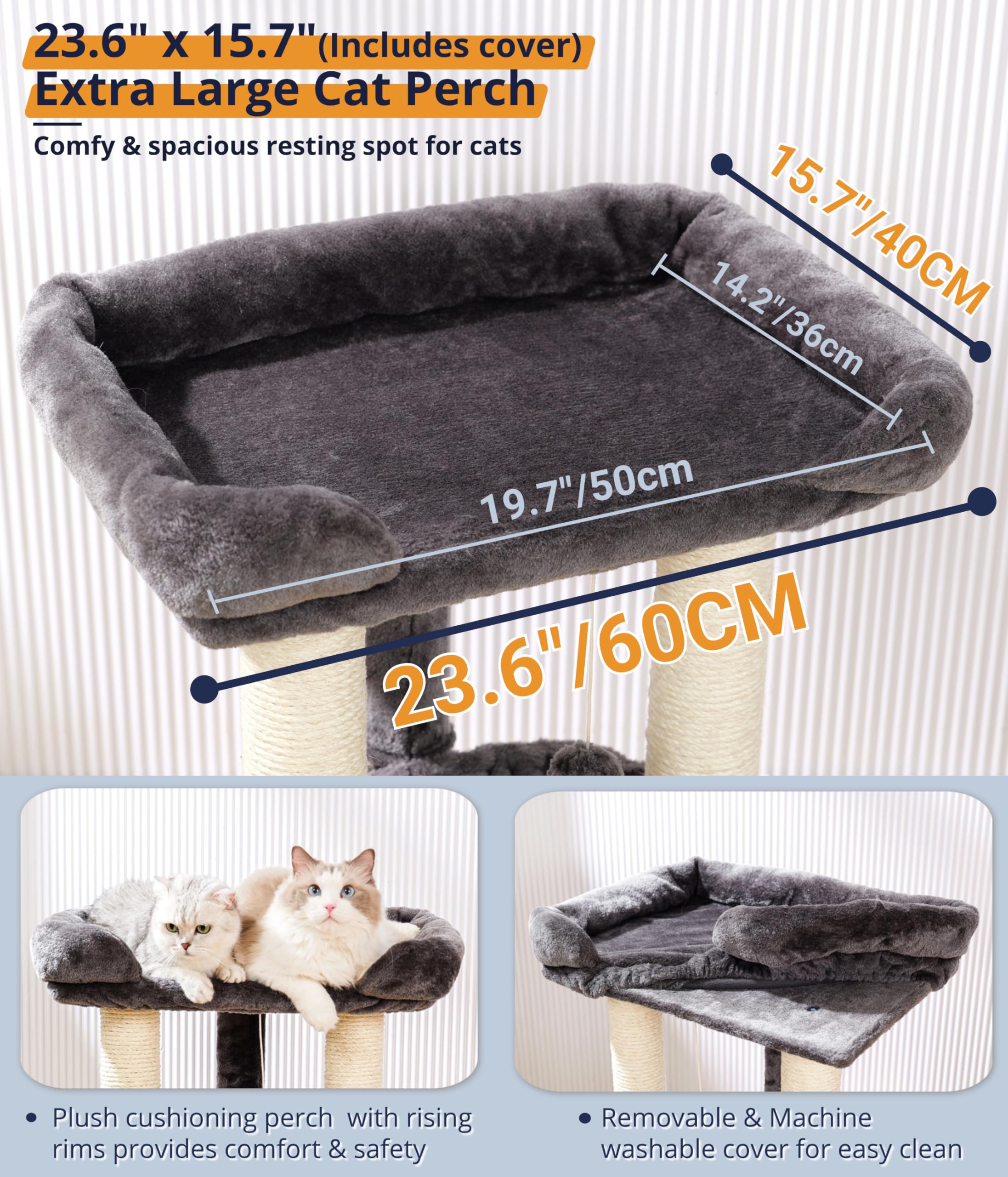 Happi N Pets 71CM Kratzbaum für Katzen, Hoher Kratzstamm mit großem Bett für große Katzen, Sisal-Kratzbaum mit weicher Liegefläche & Hängematte, Stabiler Katzenbaum, Abnehmbarer Bezug-Beige