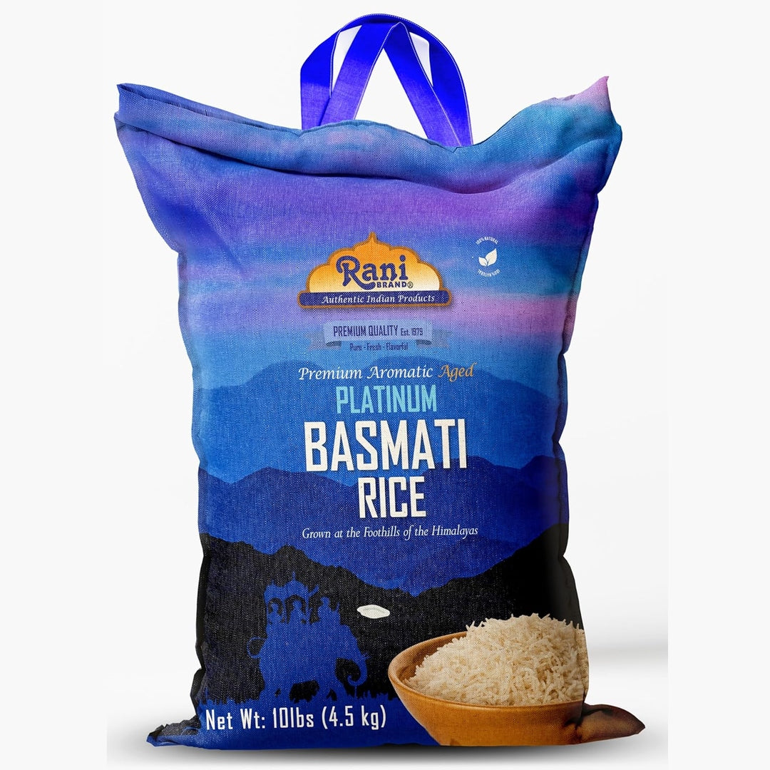 Rani Platinum White Basmati Rice Extra Long Aged 10-Pound Bag, 160oz (10lbs) 4.53kg ~ All Natural | Gluten Friendly | Vegan | Indian Origin | Kosher | Export Quality