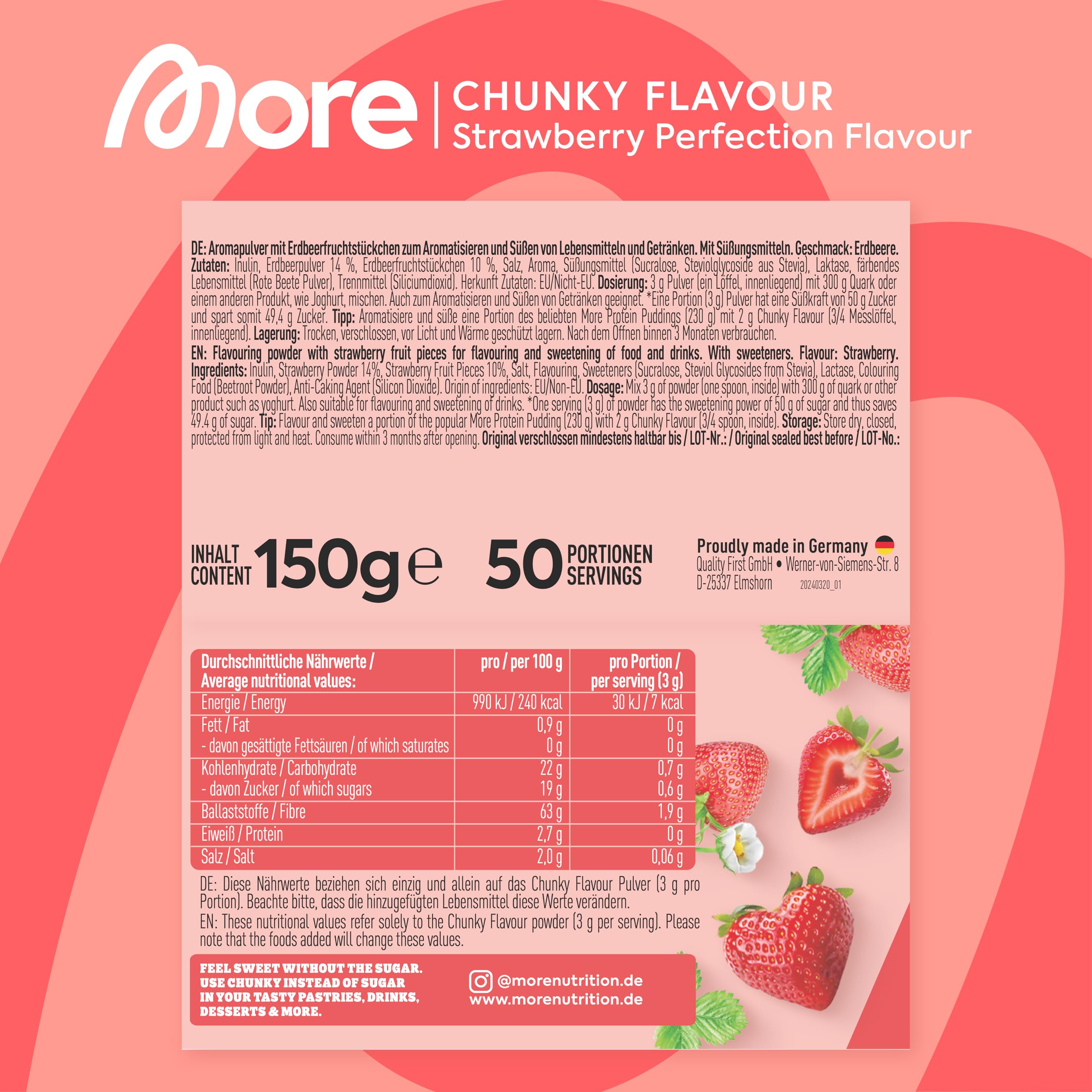 MORE Chunky Flavour, Vanilla Perfection, 150 g, vegan, Geschmackspulver zum Süßen, ohne viel Zucker und Kalorien, mit Inulin und Laktase - made in Germany
