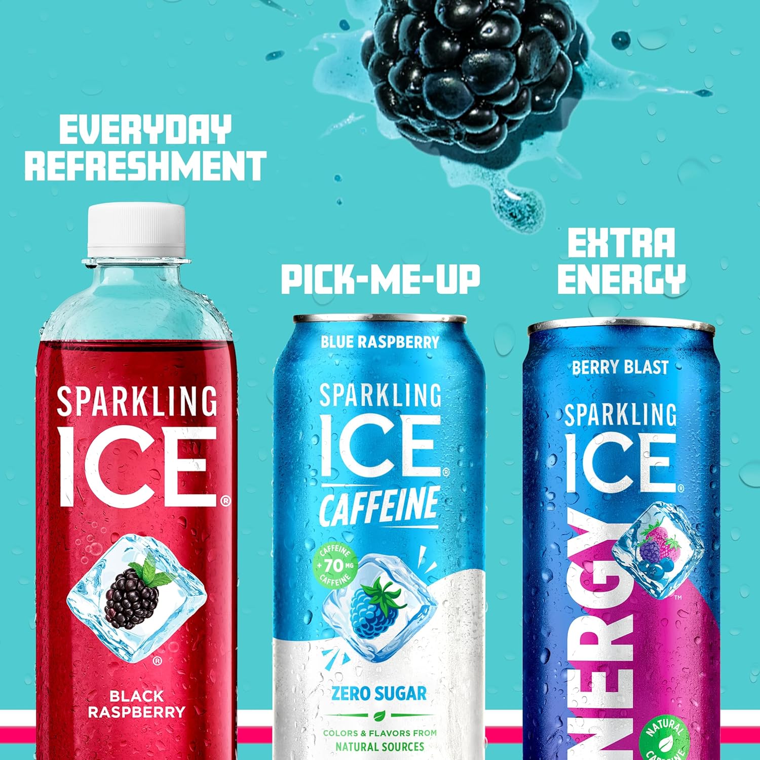 Sparkling Ice Caffeine Blue Raspberry Sparkling Water with Caffeine, Zero Sugar, with Antioxidants and Vitamins,16 fl oz Cans (Pack Of 12)