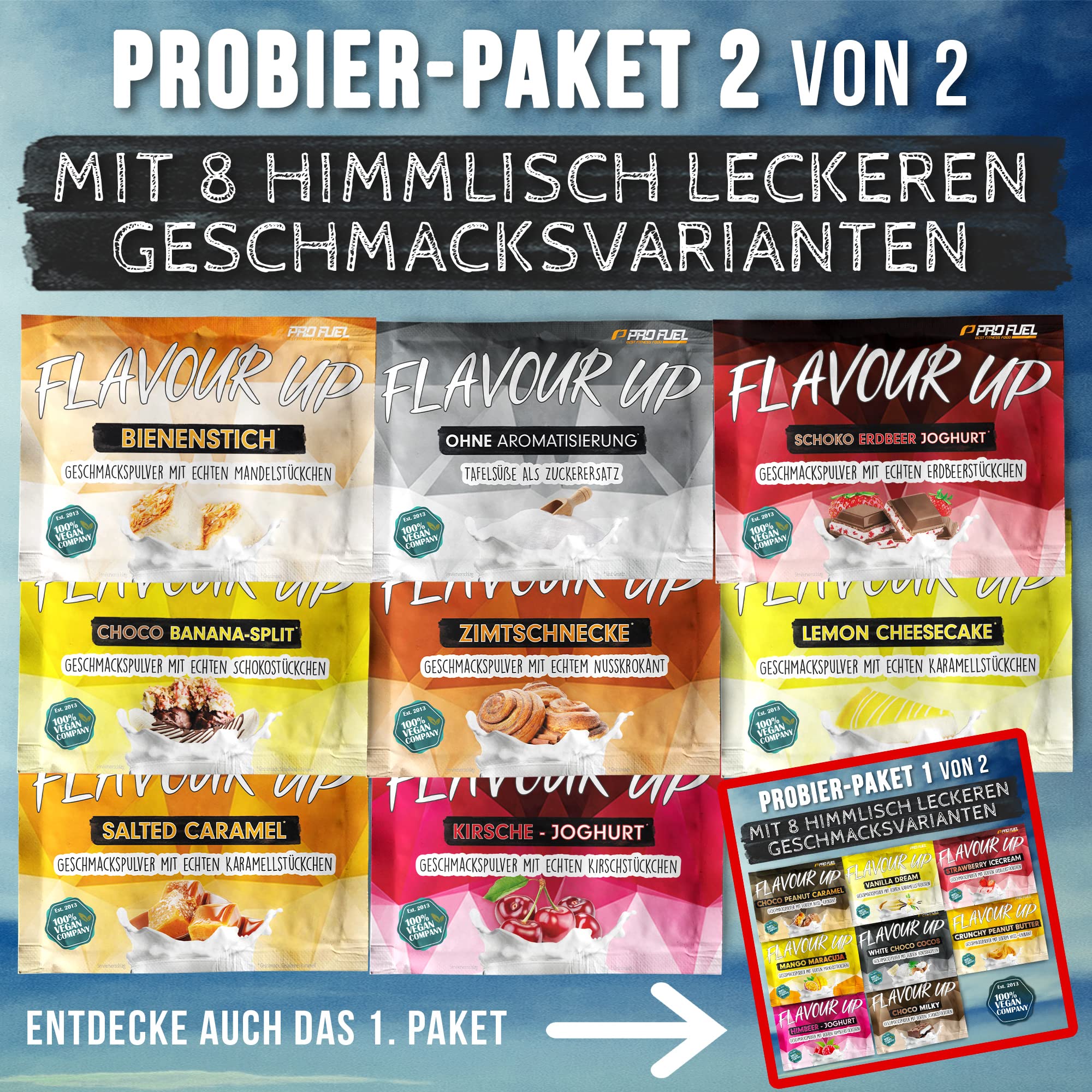 Geschmackspulver MIX PACK mit 8x30g Proben, 8 unglaublich leckere Flavours, nur 8-14 kcal pro Portion, Aroma & angenehme Süße, vielseitig einsetzbar für Lebensmittel & Getränke, FLAVOUR UP