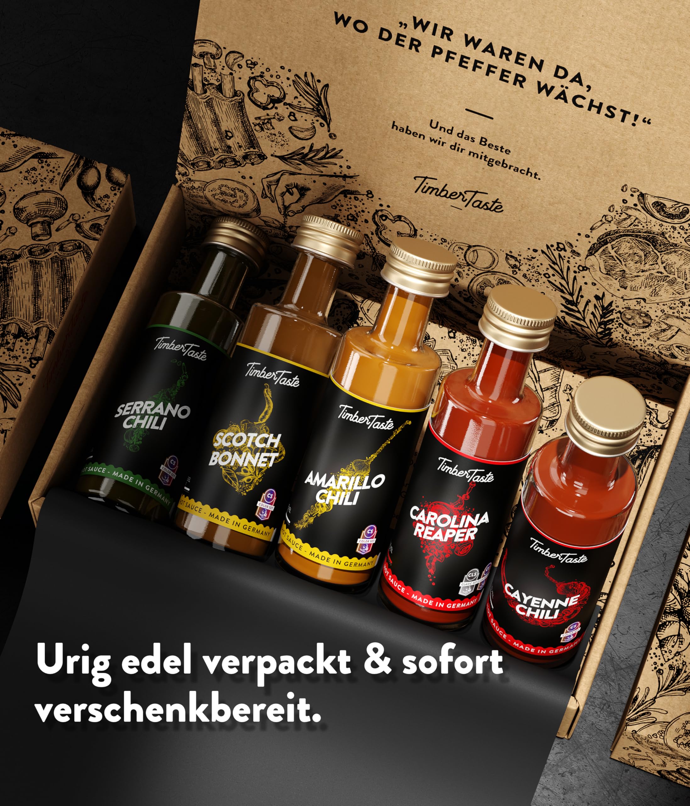 TIMBER TASTE® Chili Geschenkset scharfe Soßen Set - 5 Hot Sauce Set je 40ml in Geschenkverpackung für Liebhaber & Genießer scharfer Saucen | Ostergeschenk Mann | kleine Ostergeschenke Männer