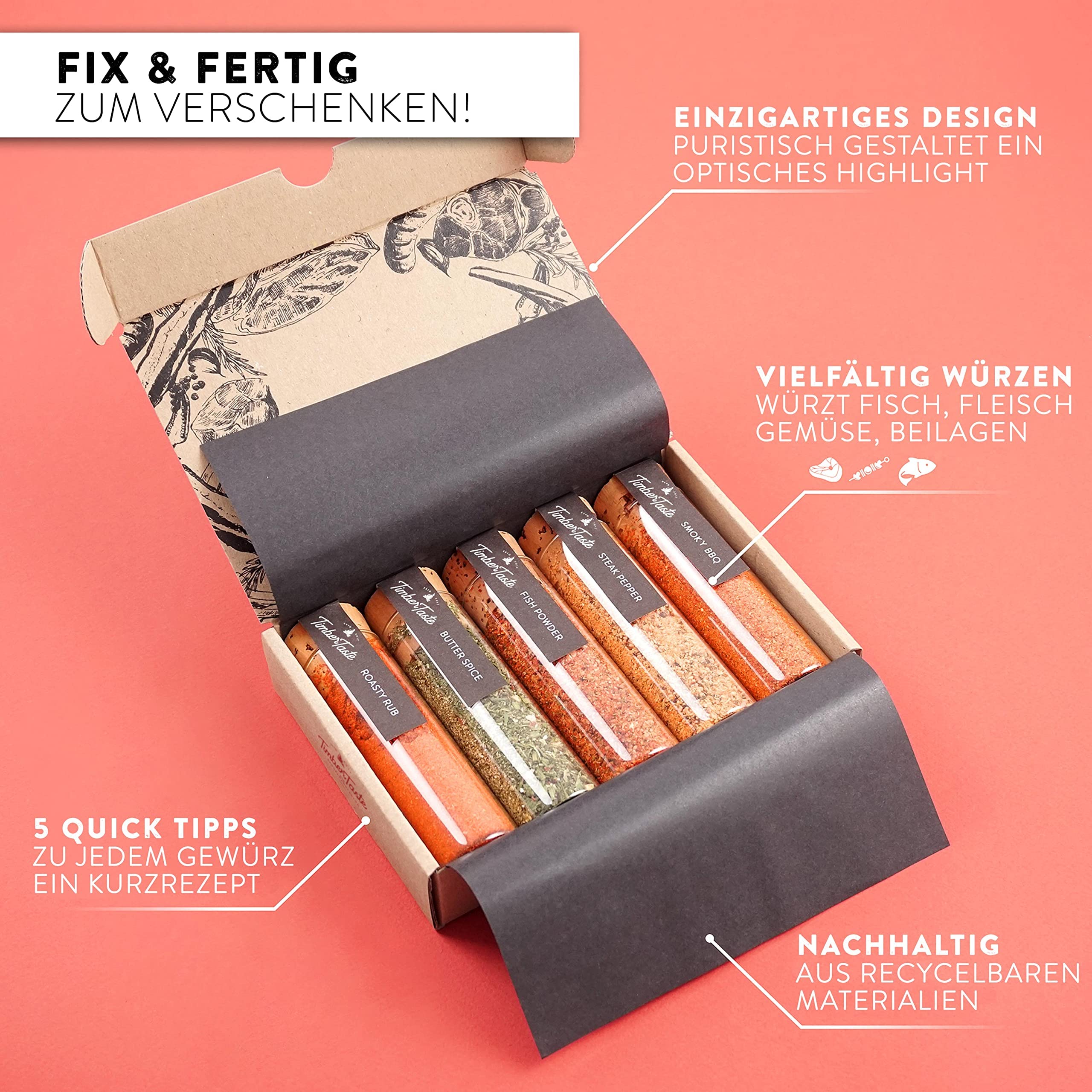 TIMBER TASTE® Grillgewürze Geschenkset - 5 premium BBQ Gewürze Rubs & Marinaden in edler Geschenkbox | Geschenke für Männer | Vatertag Geschenk | Gewürze Geschenkset ideal zum Grillen Geschenk Set