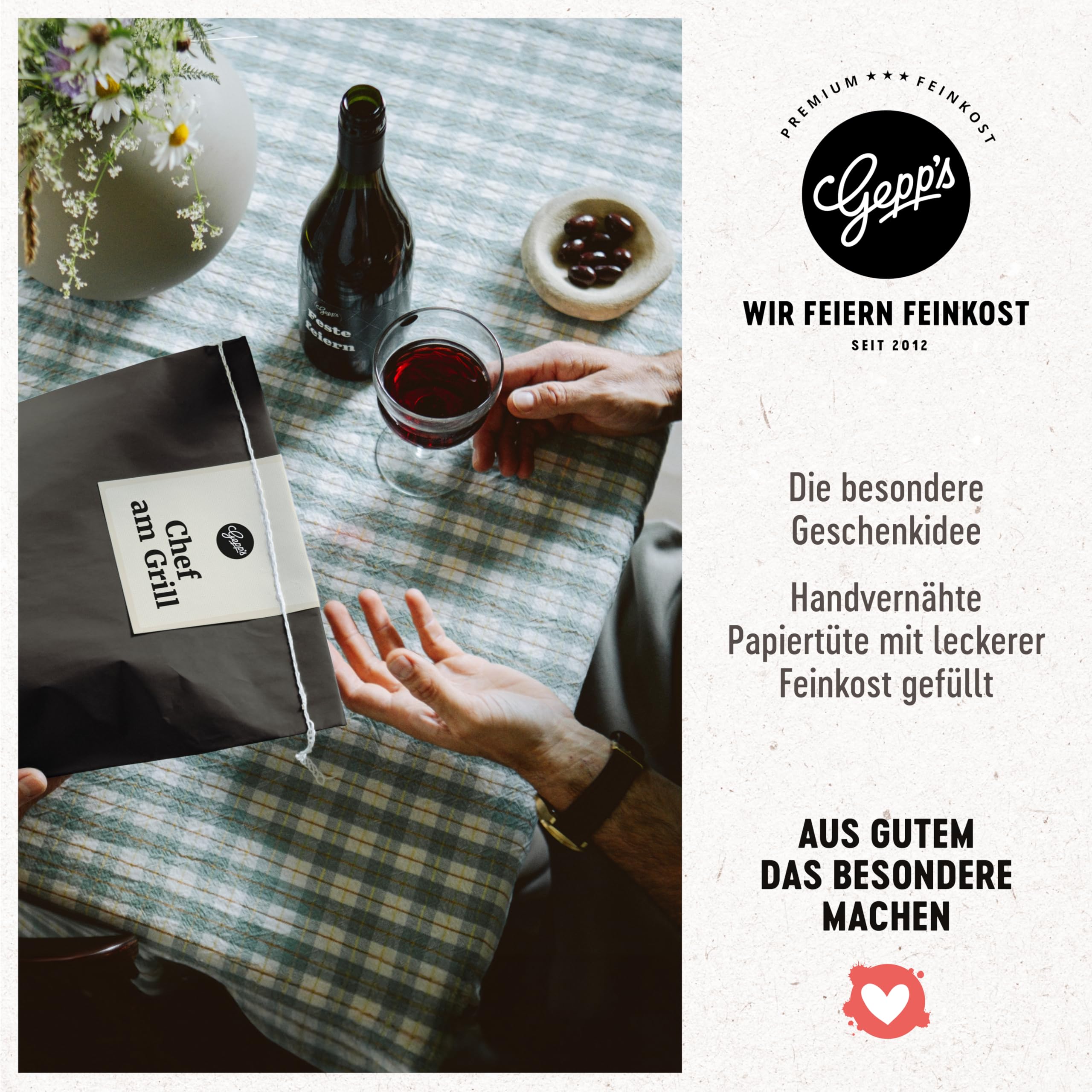 Gepp’s Feinkost Herrenhandtasche I Lustiges Männergeschenk gefüllt mit Delikatessen wie Knoblauch-Chili-Sauce, Edelkräuter-Olivenöl, Texas BBQ Rub I Geschenkidee für Männer