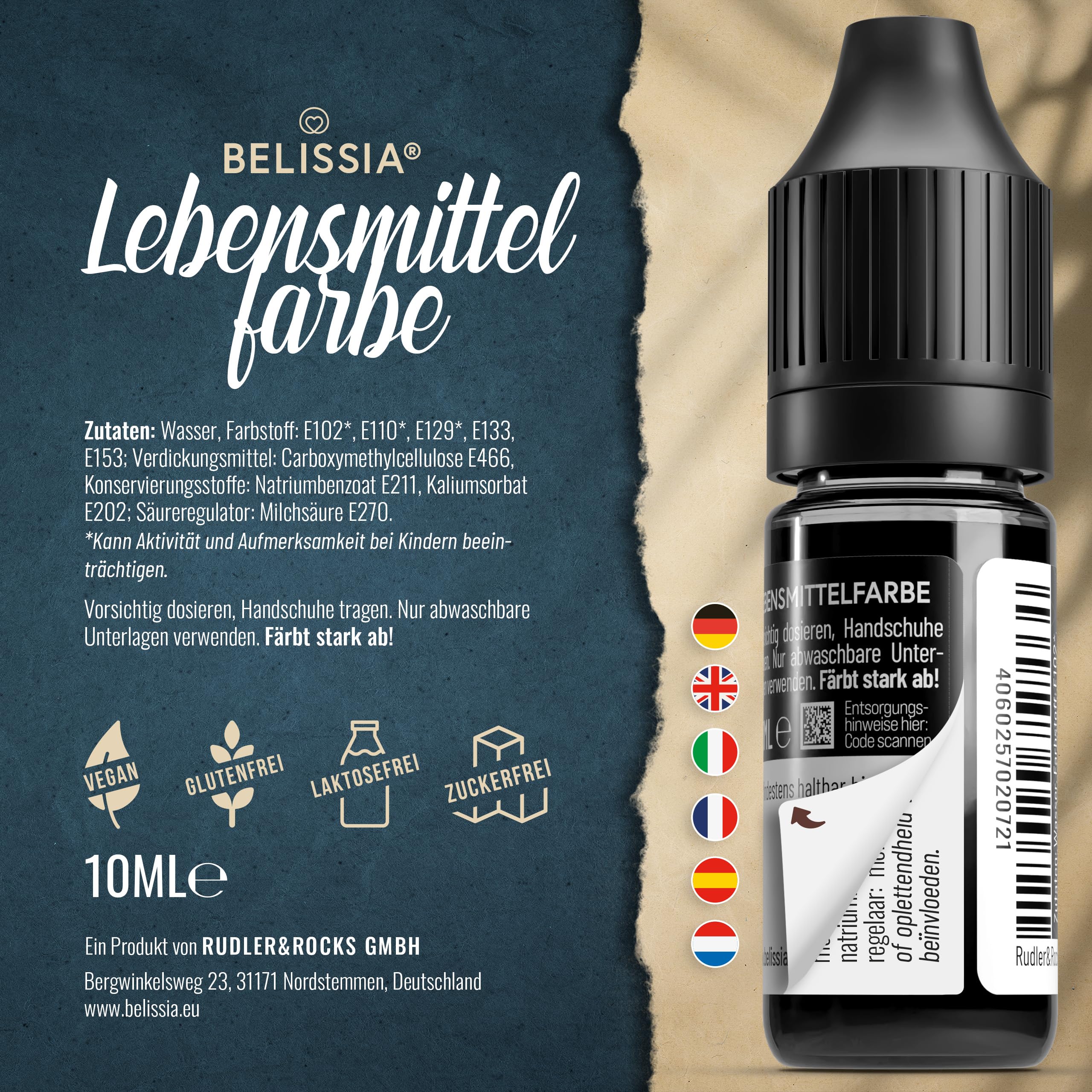 Belissia Lebensmittelfarbe Set – 8x10ml flüssig & hochkonzentriert – Lebensmittelechte Speisefarbe zum Backen, Kochen, Fondant & DIY - vegan, stark färbend, geschmacksneutral