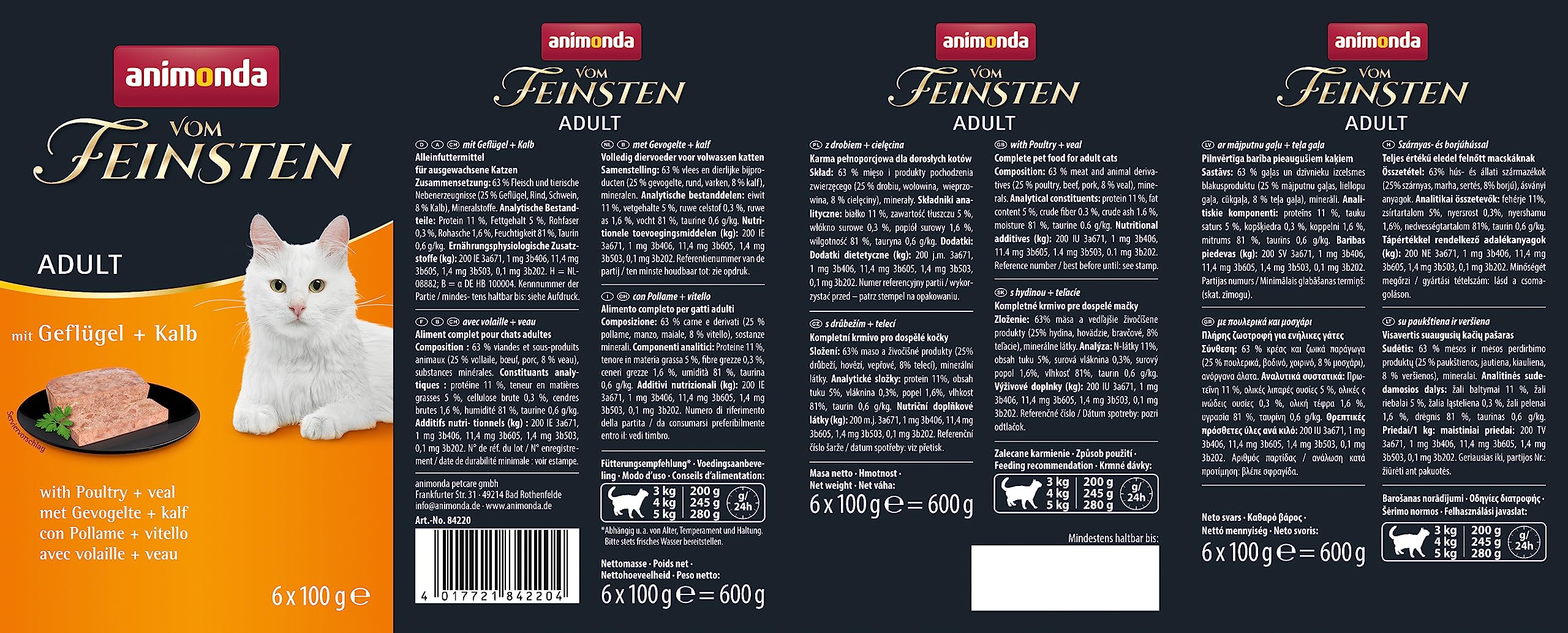 animonda Vom Feinsten Adult Vielfalt (32 x 100 g), Nassfutter für ausgewachsene Katzen, Katzenfutter ohne Getreide und Zucker, mit 100 % frischen, fleischlichen Zutaten