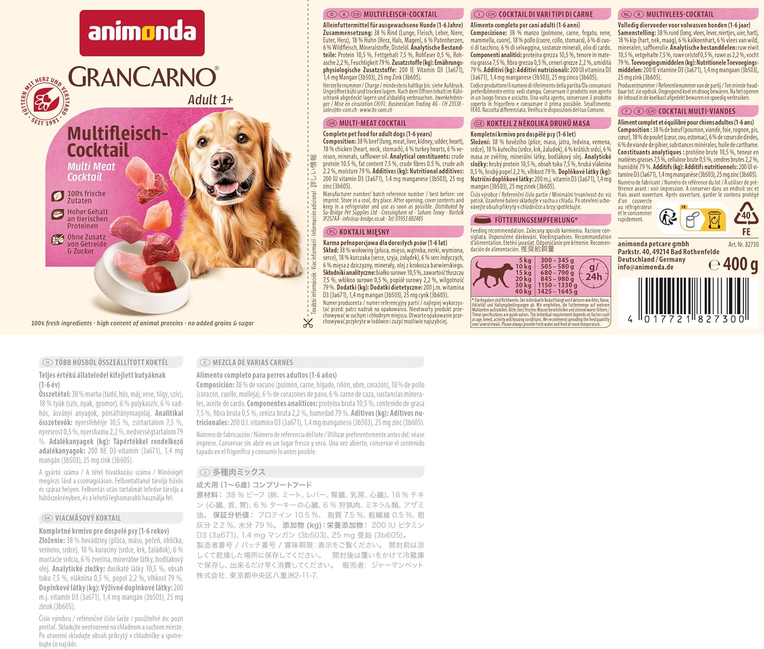 animonda GranCarno Adult Deftige Variation (6 x 800 g), Hundenassfutter für ausgewachsene Tiere, Nassfutter für Hunde mit 100% frischen, fleischlichen Zutaten, Hundefutter ohne Getreide