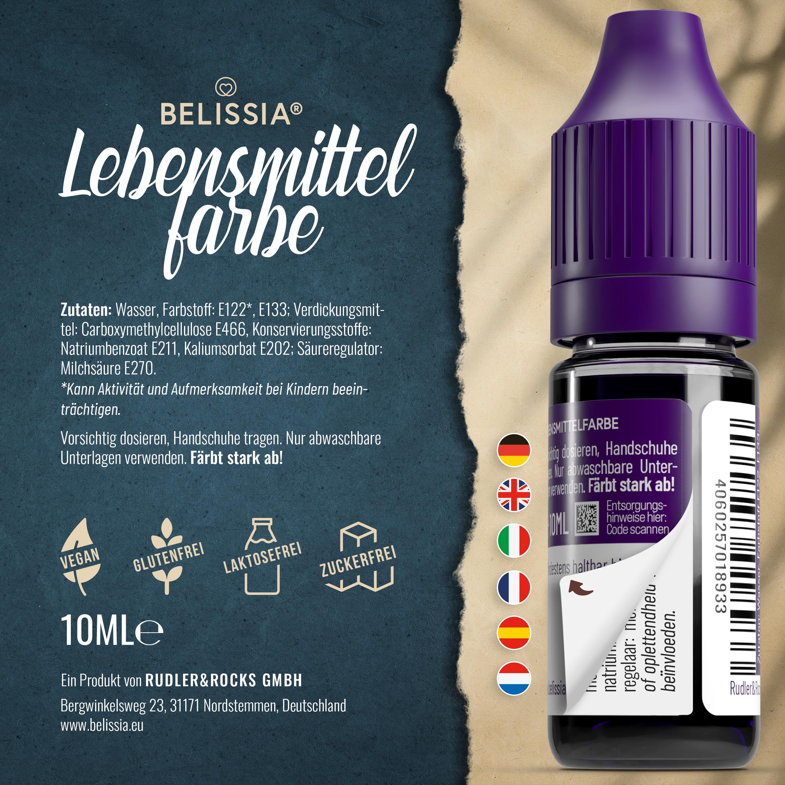 Belissia Lebensmittelfarbe Set – 8x10ml flüssig & hochkonzentriert – Lebensmittelechte Speisefarbe zum Backen, Kochen, Fondant & DIY - vegan, stark färbend, geschmacksneutral