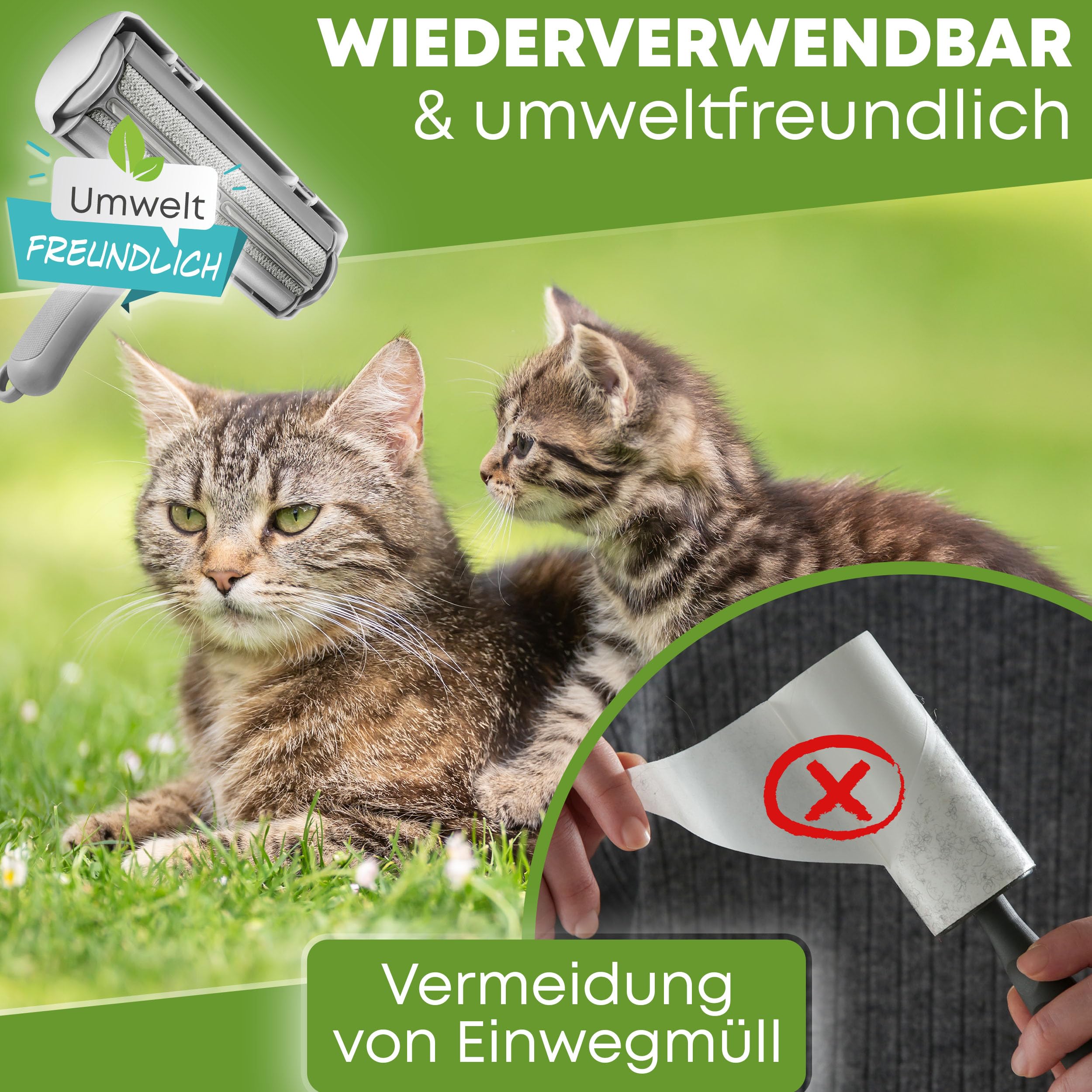 NEUHEIT 2026 - DOGGYBOO® Selbstreinigender Tierhaarentferner – Premium Fusselrolle für Hundehaare und Katzenhaare, Wiederverwendbarer Katzenhaarentferner für Sofa, Teppich, Bett und Auto (Grün)