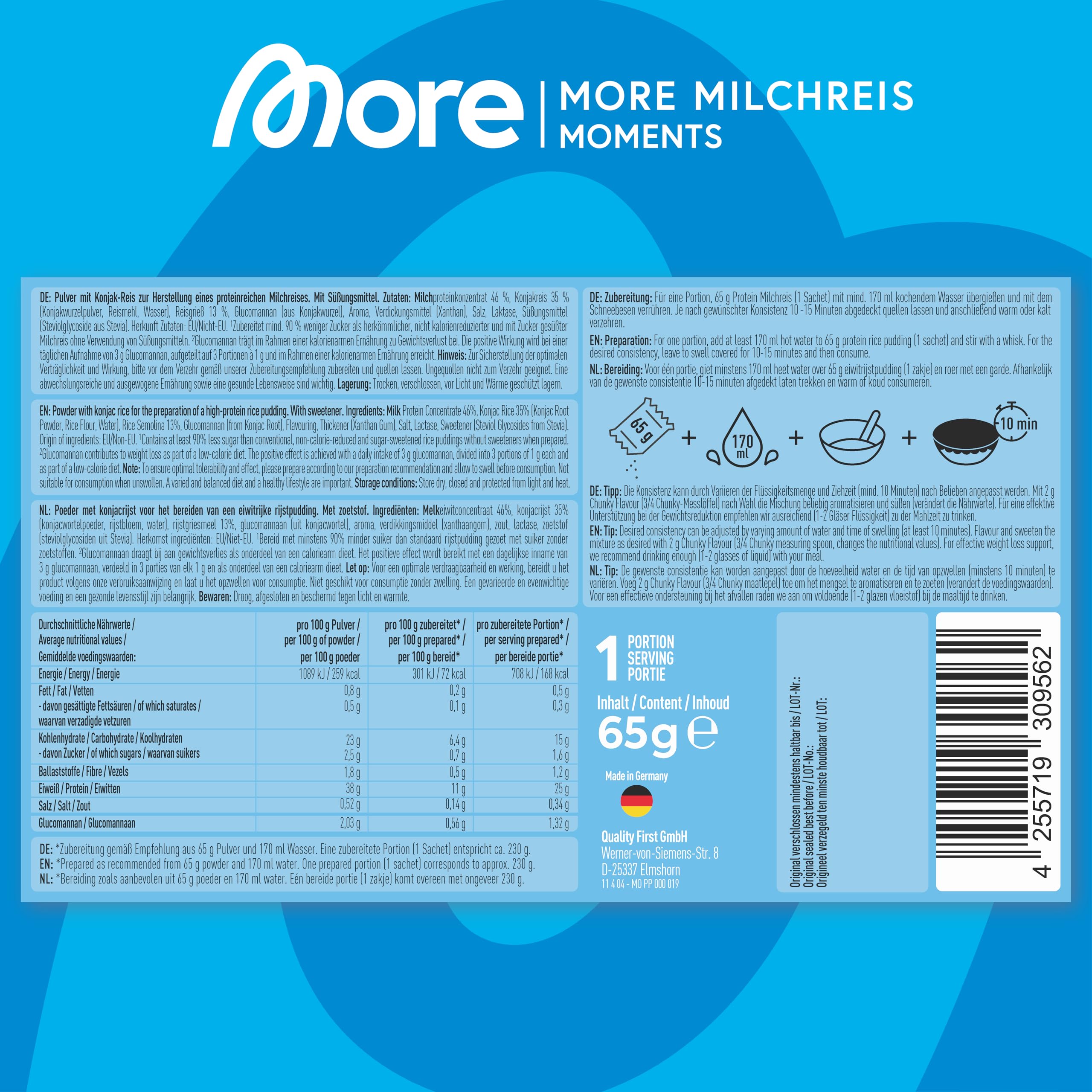 More Protein Milchreis, 13er Tray, 13 x 65 g, 26 g Eiweiß pro Portion, schnelle Zubereitung ohne Kochen, cremig leckerer Milchreis mit weniger Zucker und Fett, perfekt zum Verfeinern