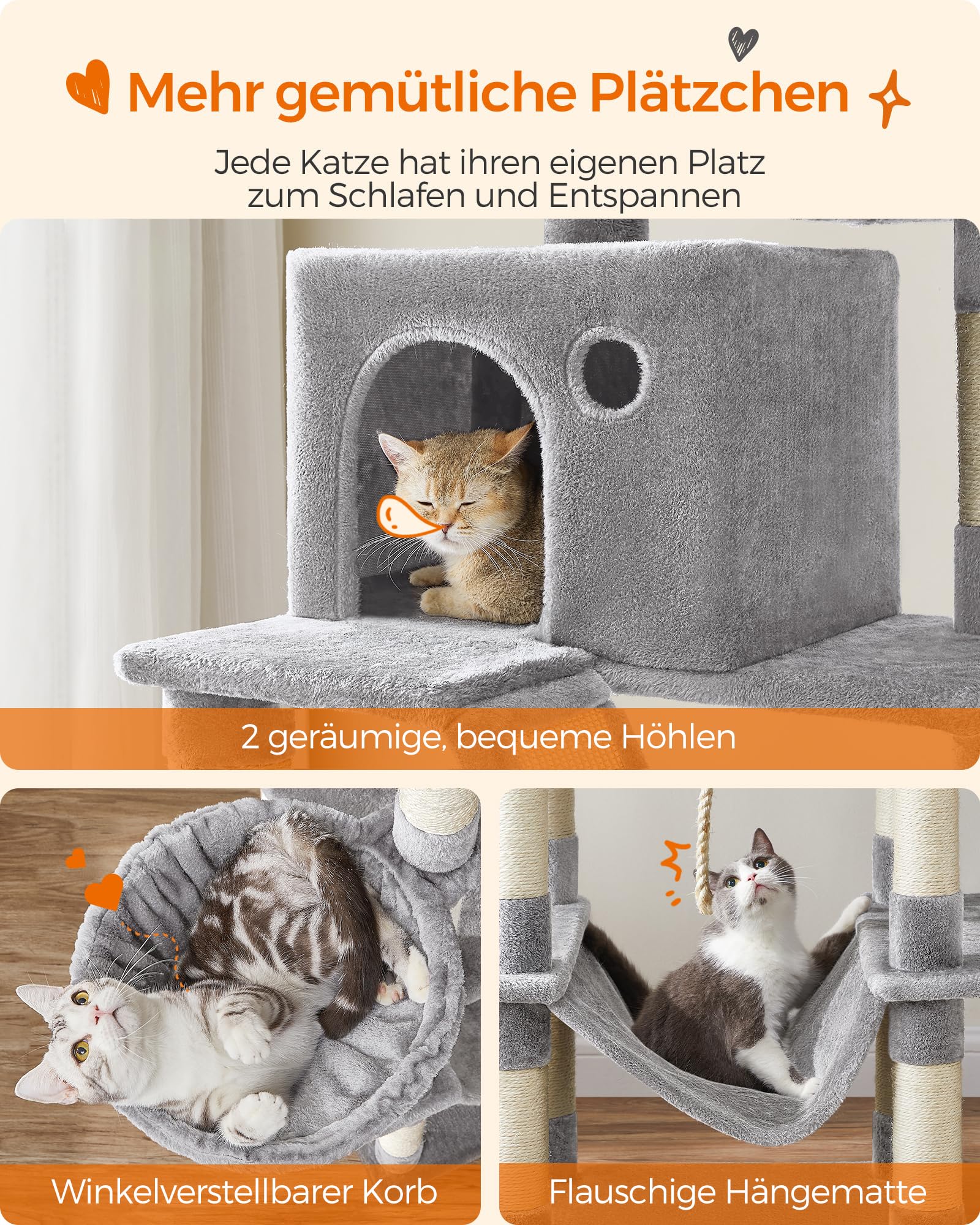 Feandrea Kratzbaum groß, 203,5 cm hoch, XXL Katzenbaum, mit 13 Kratzsäulen, 2 Plattformen, 2 Höhlen, Korb, Hängematte, Plüschbälle, mehrstöckiger Katzenkratzbaum, rauchgrau PCT190G01