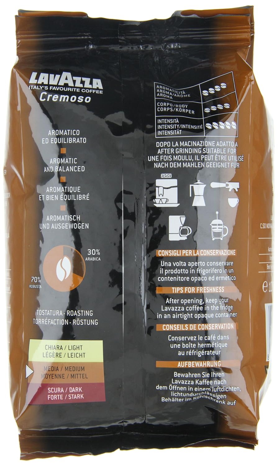 Lavazza, Espresso Italiano Cremoso, Arabica und Robusta Kaffeebohnen, mit Aromanoten von Gewürzen und Kakao, Intensität 8/10, Mittlere Röstung, 1 Packung mit 1 Kg