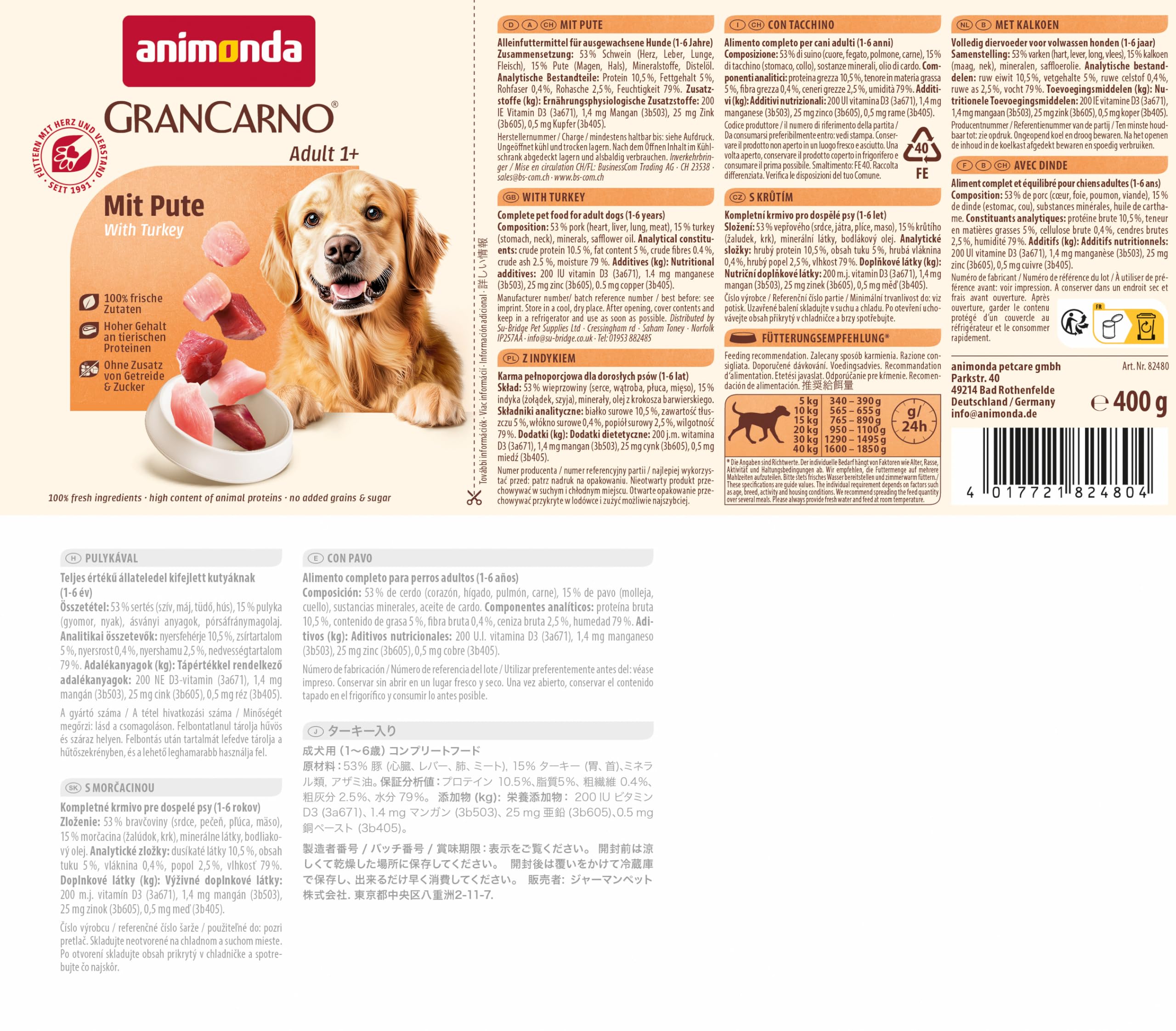 animonda GranCarno Hunde Nassfutter mit Rind + Entenherzen (6 x 800 g), getreidefreies Hundenassfutter ohne Zucker, für ausgewachsene Hunde, mit frischen fleischigen Zutaten