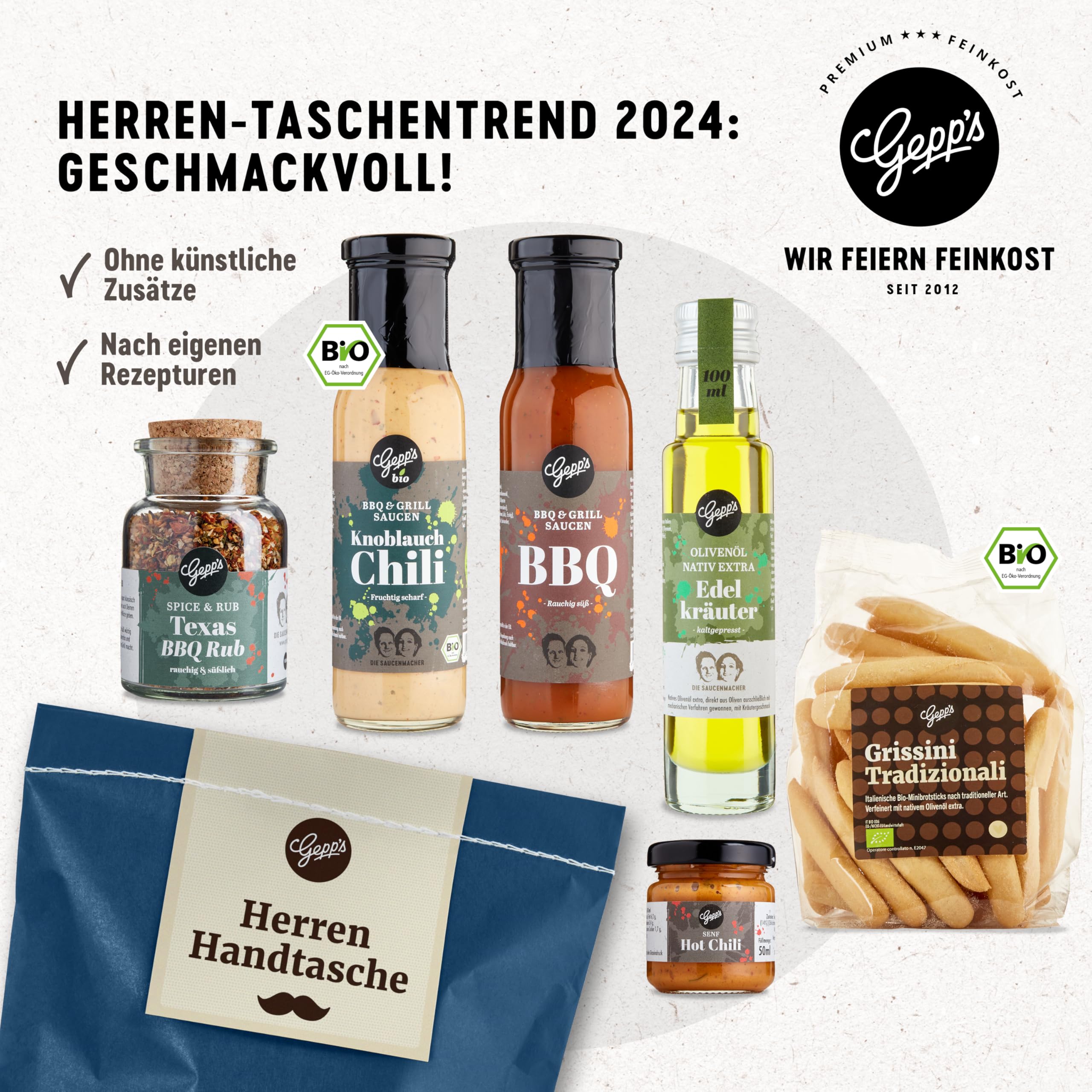 Gepp’s Feinkost Herrenhandtasche I Lustiges Männergeschenk gefüllt mit Delikatessen wie Knoblauch-Chili-Sauce, Edelkräuter-Olivenöl, Texas BBQ Rub I Geschenkidee für Männer