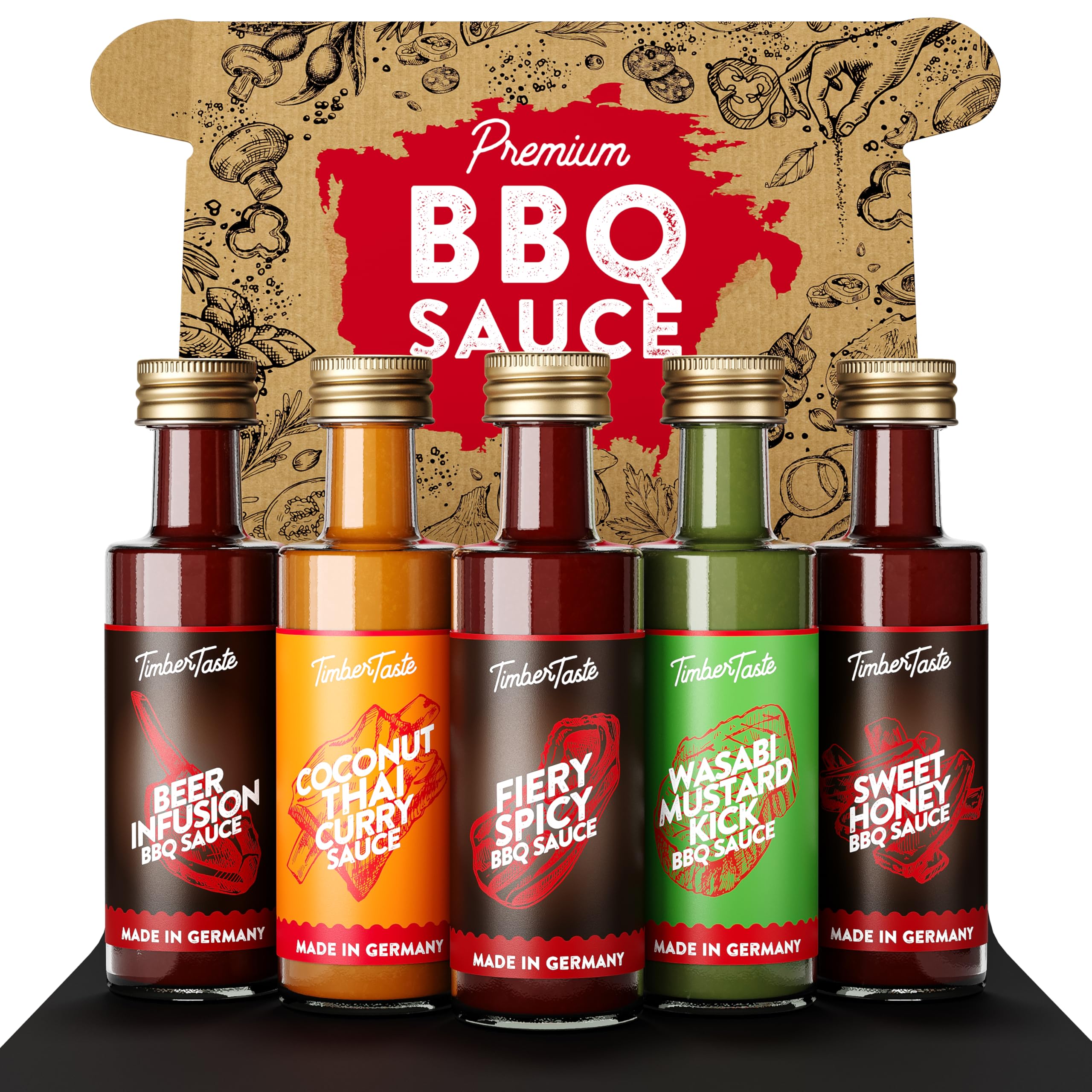 TIMBER TASTE® Chili Geschenkset scharfe Soßen Set - 5 Hot Sauce Set je 40ml in Geschenkverpackung für Liebhaber & Genießer scharfer Saucen | Ostergeschenk Mann | kleine Ostergeschenke Männer
