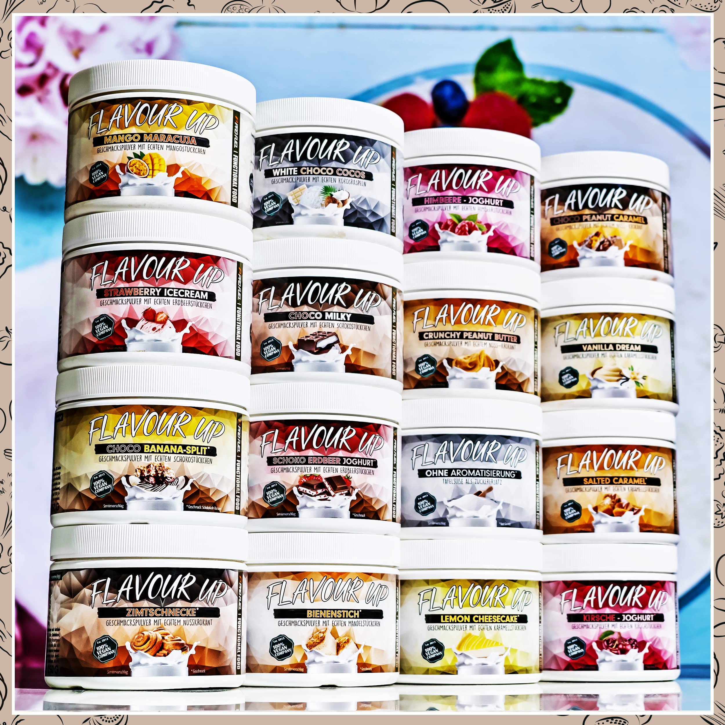 Geschmackspulver MIX PACK mit 8x30g Proben, 8 unglaublich leckere Flavours, nur 8-14 kcal pro Portion, Aroma & angenehme Süße, vielseitig einsetzbar für Lebensmittel & Getränke, FLAVOUR UP