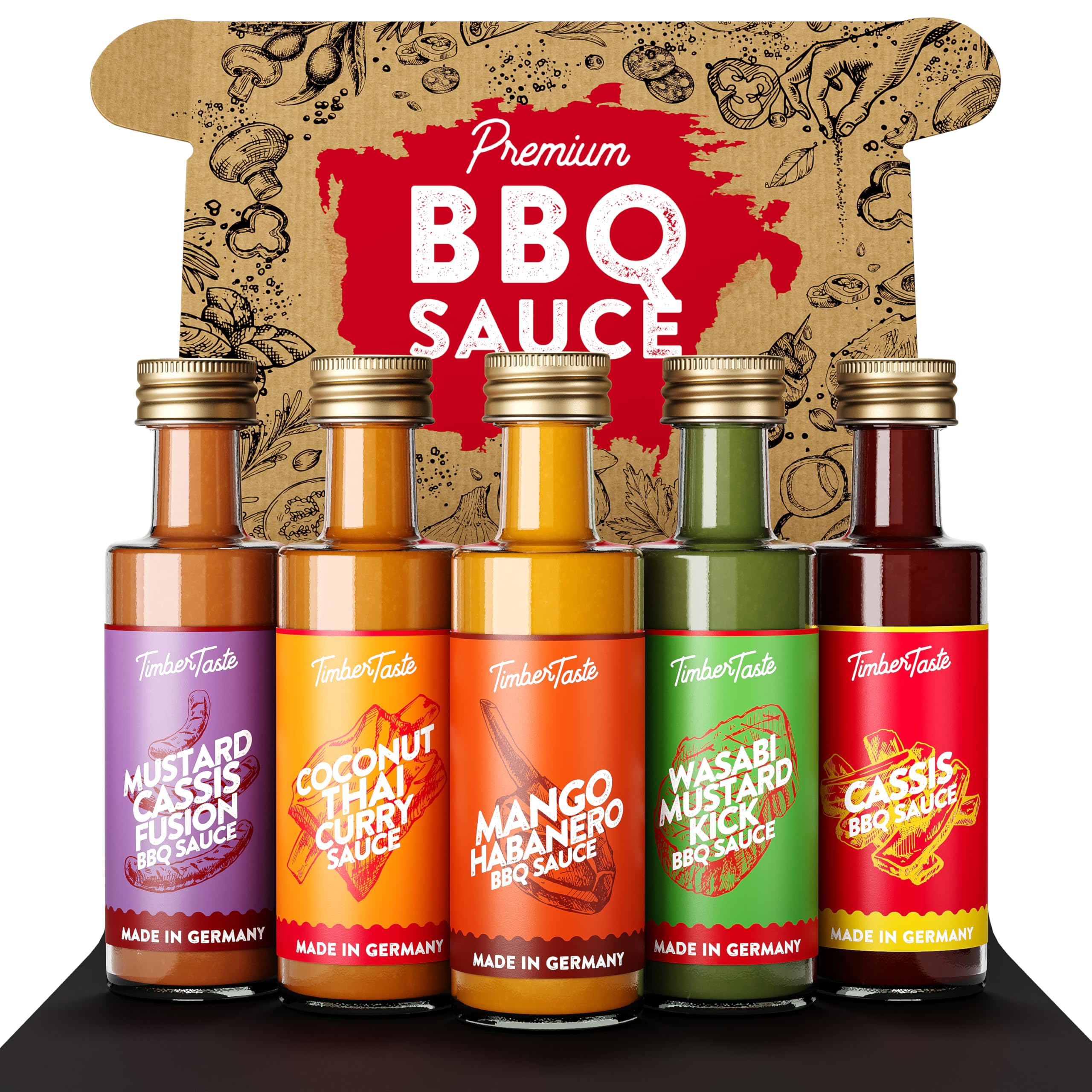 TIMBER TASTE® Chili Geschenkset scharfe Soßen Set - 5 Hot Sauce Set je 40ml in Geschenkverpackung für Liebhaber & Genießer scharfer Saucen | Ostergeschenk Mann | kleine Ostergeschenke Männer