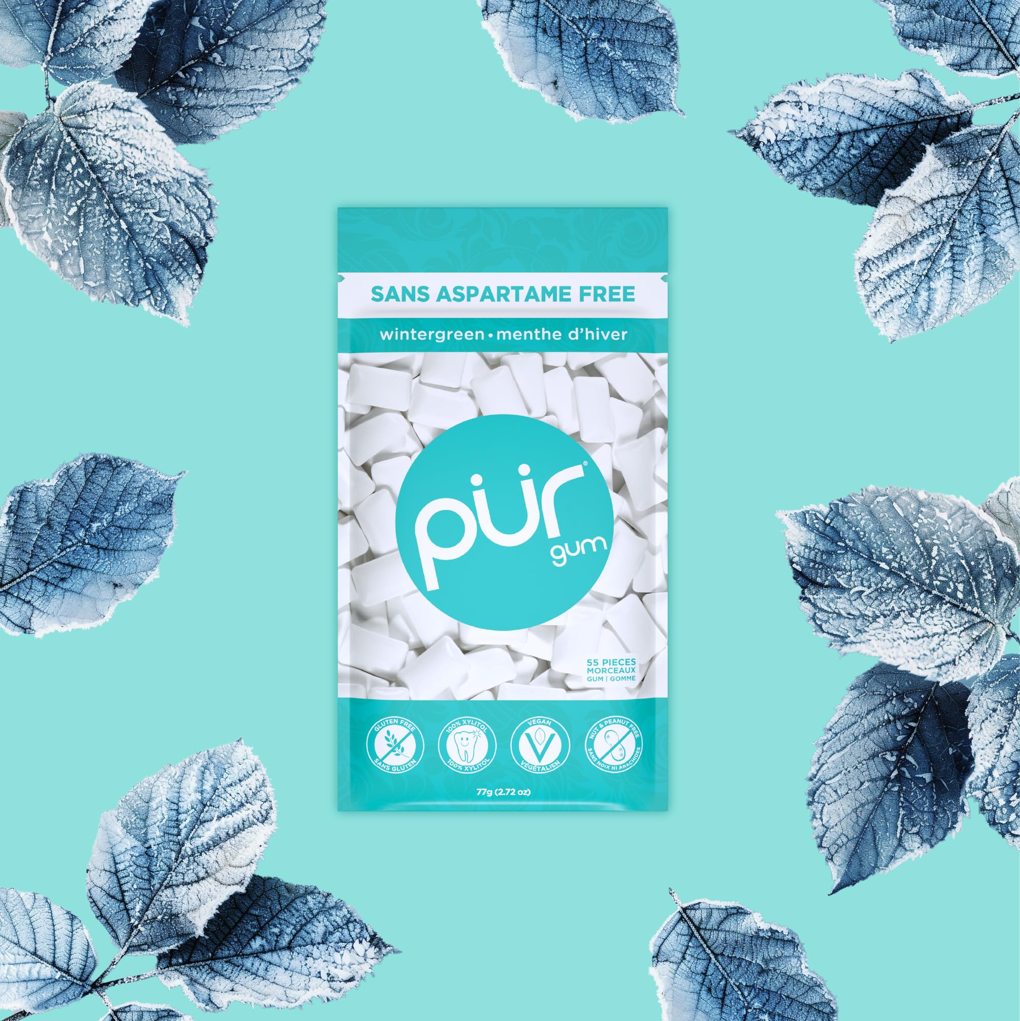 PUR Gum | Zuckerfreier Kaugummi | Mit Xylit | Vegan, Aspartamfrei & Glutenfrei | Natürlicher Kaugummi Mit Spearmint-Geschmack, 55 Stück (3er Pack)
