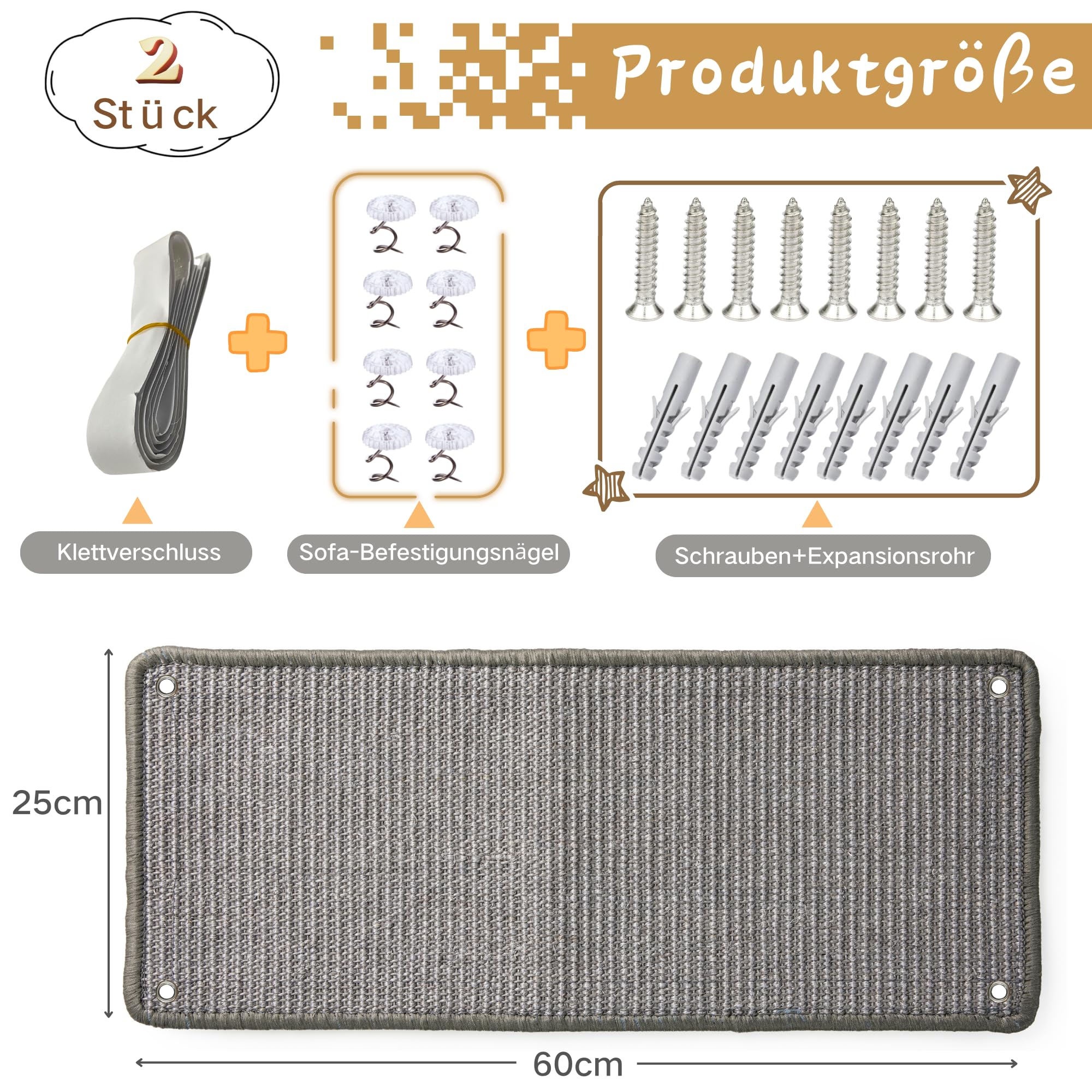 2 Stück Kratzmatte aus Sisal, Kratzmatte für Katzen, mit Klebeband, Katzenkratzmatte, Teppich zum Schutz der Wand, 60 × 25 cm (Braun)