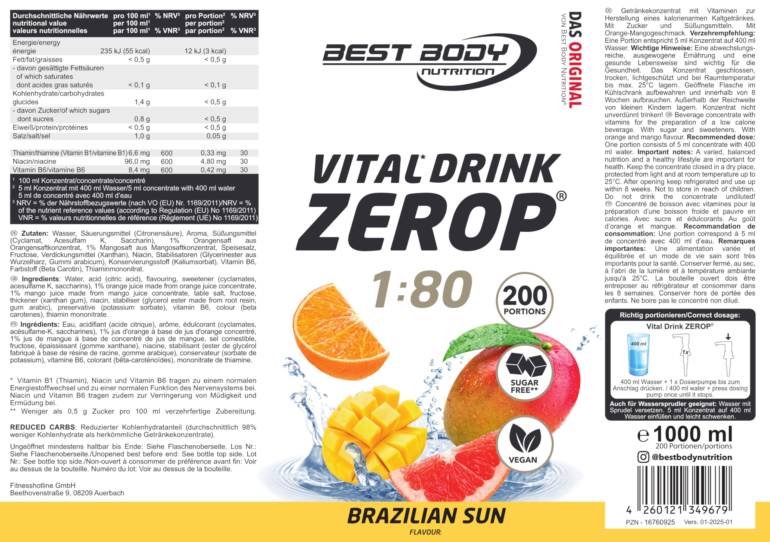 Best Body Nutrition ZEROP Vital Zuckerfreies Getränkekonzentrat Sirup Kirsche Ohne Aspartam 1 L ergibt 80 L Getränk Fitness Drink mit Vitaminen B1 B6 Niacin Kalorienarm Wassersprudler