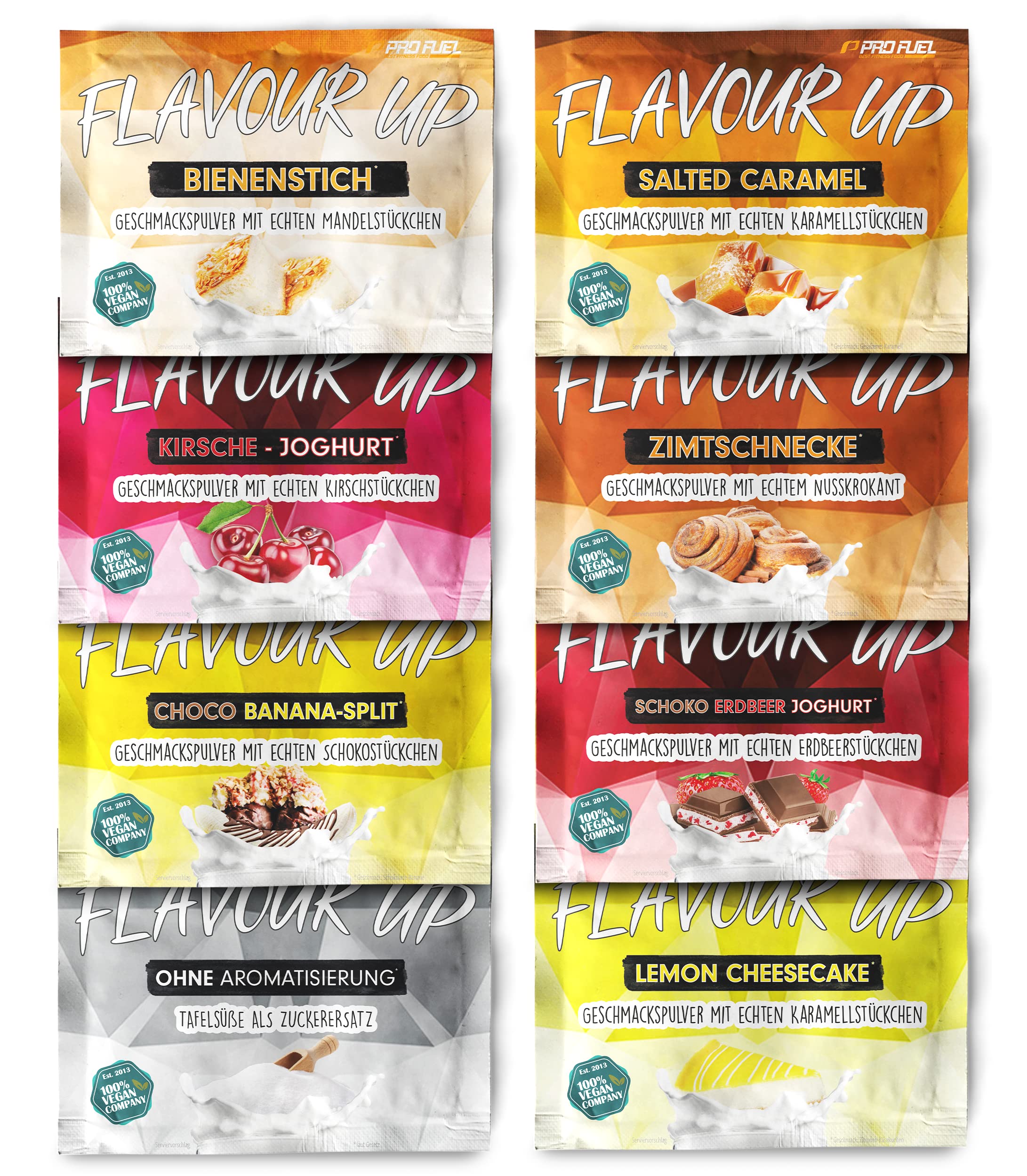 Geschmackspulver MIX PACK mit 8x30g Proben, 8 unglaublich leckere Flavours, nur 8-14 kcal pro Portion, Aroma & angenehme Süße, vielseitig einsetzbar für Lebensmittel & Getränke, FLAVOUR UP