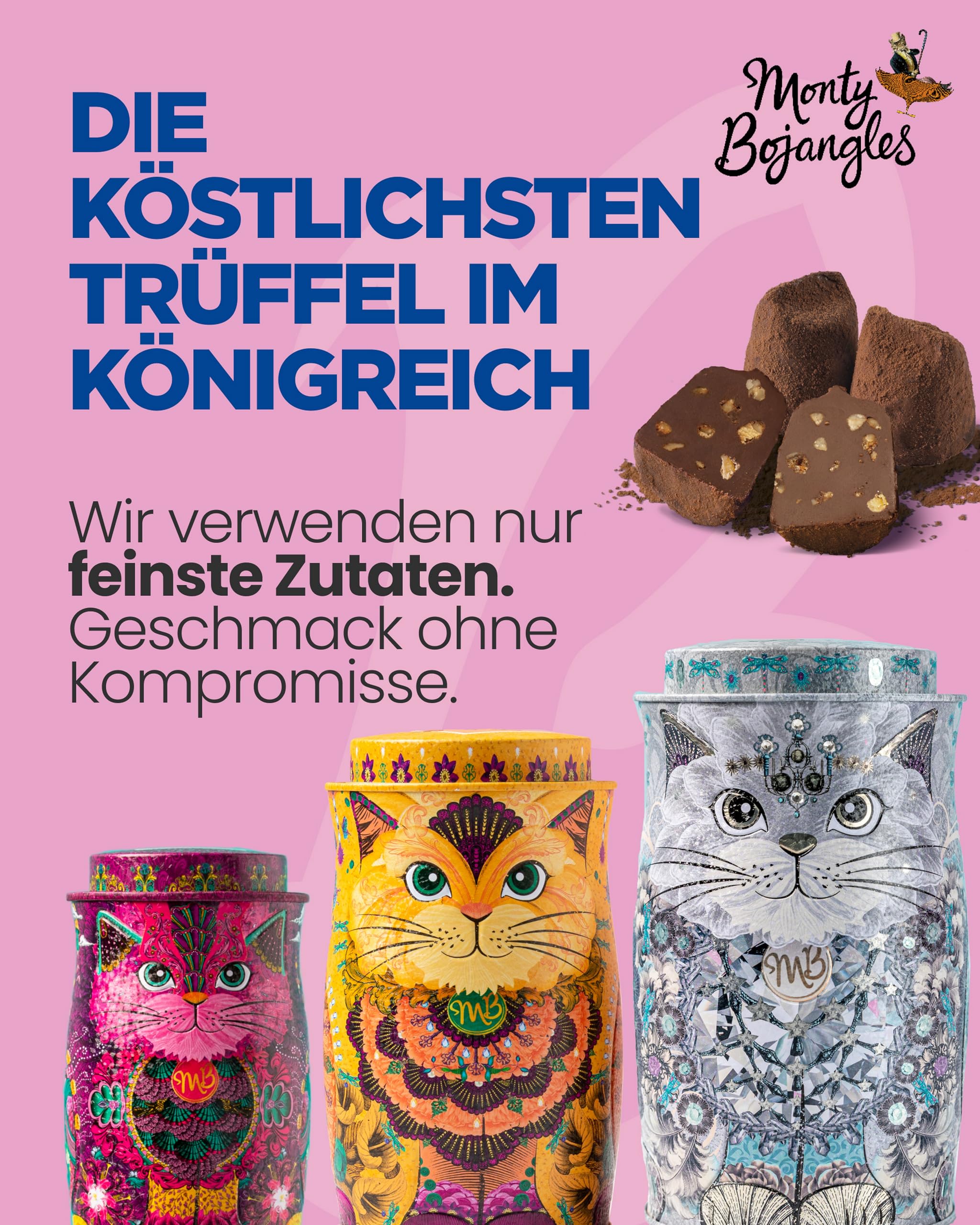 Monty Bojangles Kit-Tins Schokoladentrüffel (4 x 36g) Truffle Pralinen mit Kakao bestäubt Pralinen, Schokolade Sammlerdose mit Katzen-Design, Geschenkset mit vier Geschmacksrichtungen