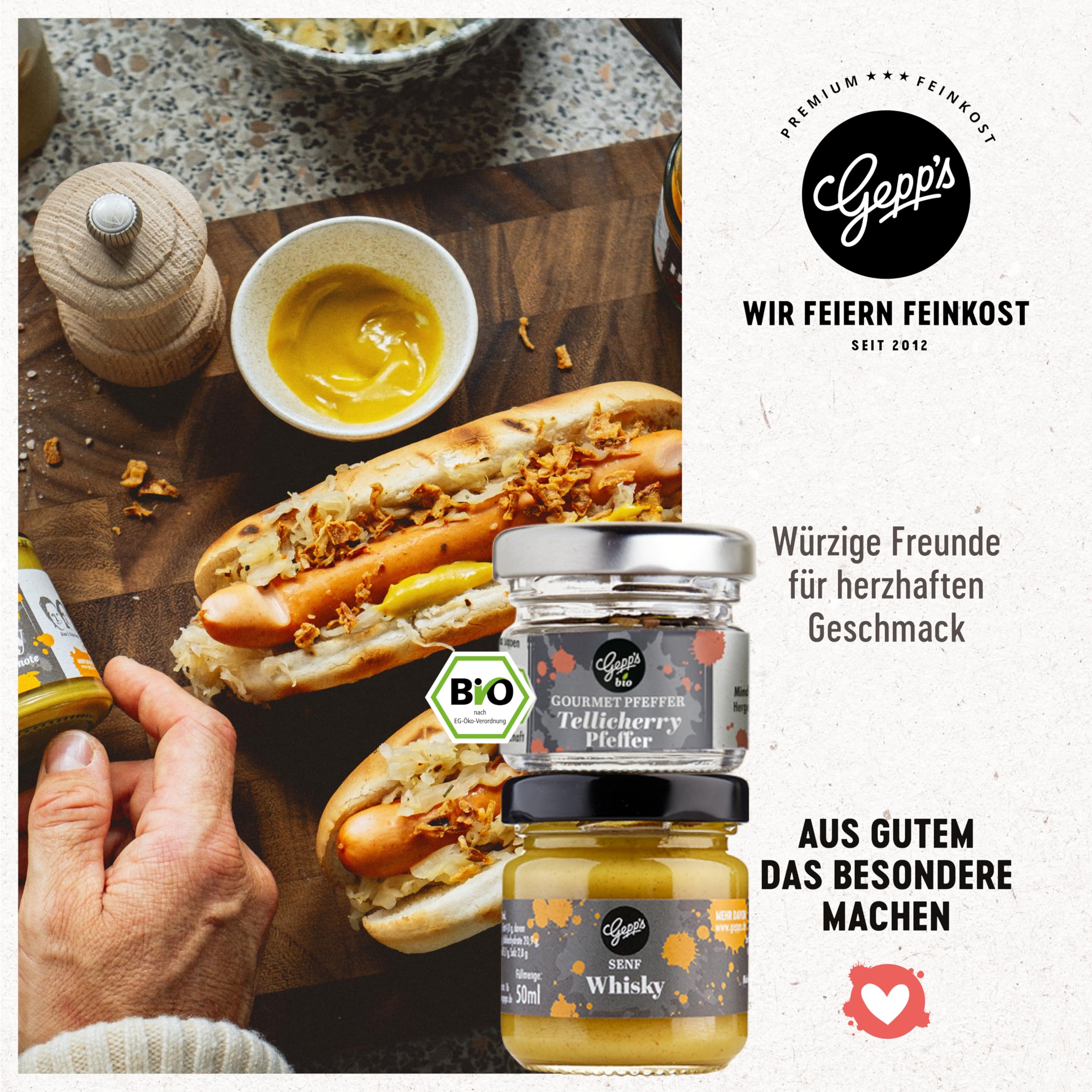 Gepp’s Feinkost Herrenhandtasche I Lustiges Männergeschenk gefüllt mit Delikatessen wie Knoblauch-Chili-Sauce, Edelkräuter-Olivenöl, Texas BBQ Rub I Geschenkidee für Männer
