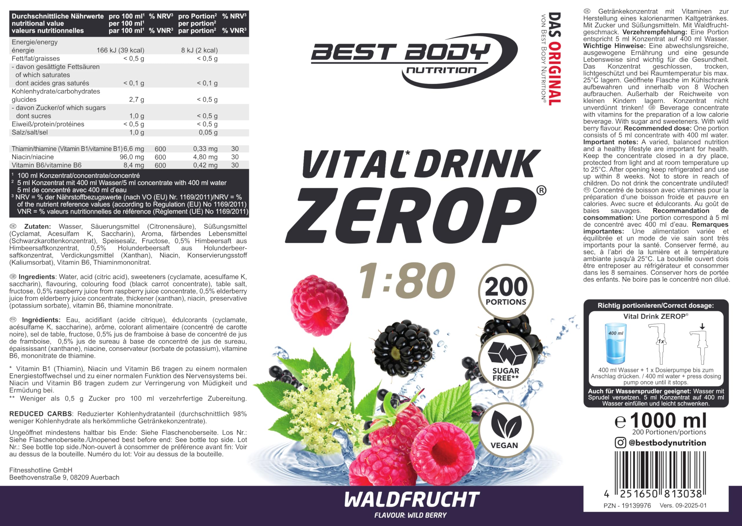 Best Body Nutrition ZEROP Vital Zuckerfreies Getränkekonzentrat Sirup Kirsche Ohne Aspartam 1 L ergibt 80 L Getränk Fitness Drink mit Vitaminen B1 B6 Niacin Kalorienarm Wassersprudler