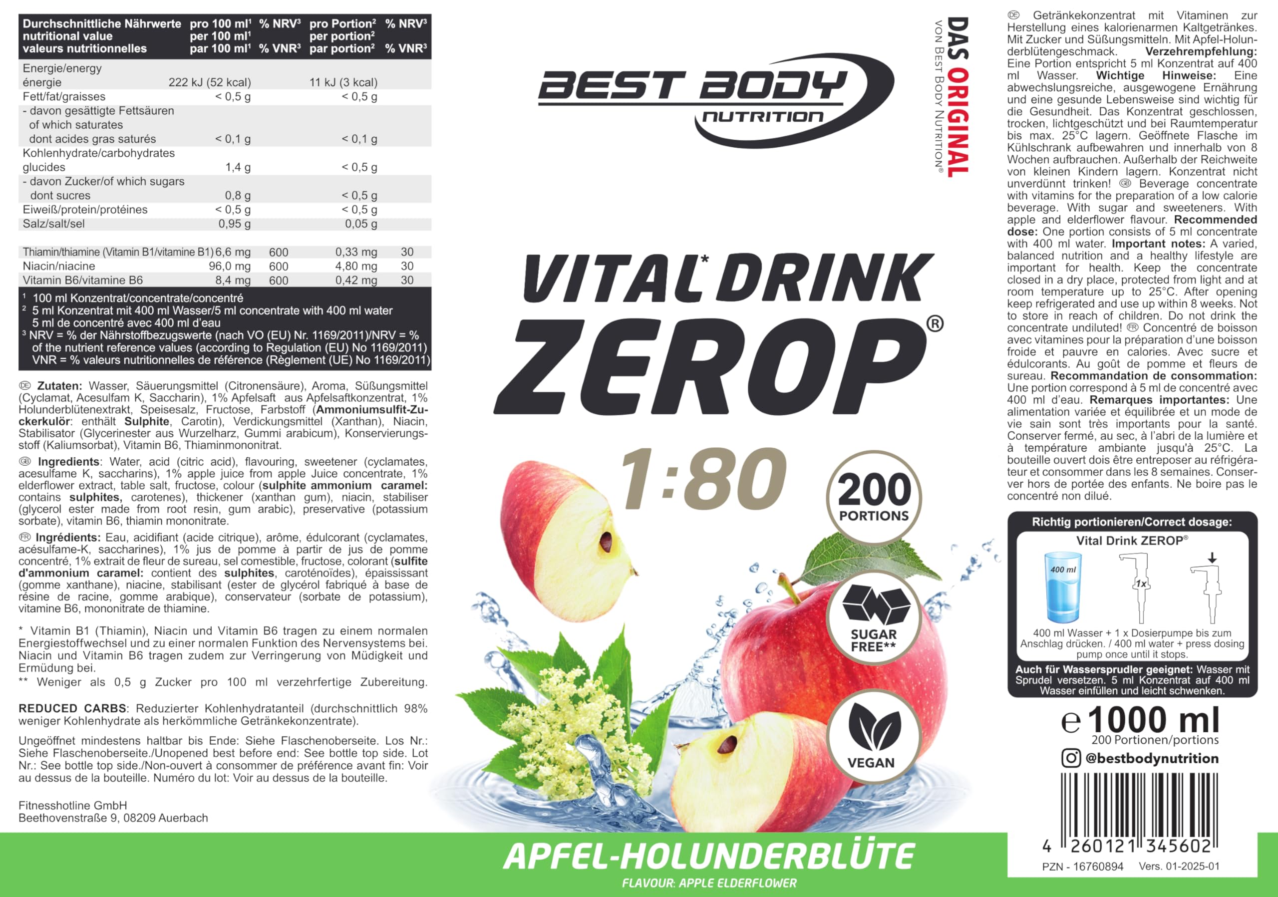 Best Body Nutrition ZEROP Vital Zuckerfreies Getränkekonzentrat Sirup Kirsche Ohne Aspartam 1 L ergibt 80 L Getränk Fitness Drink mit Vitaminen B1 B6 Niacin Kalorienarm Wassersprudler