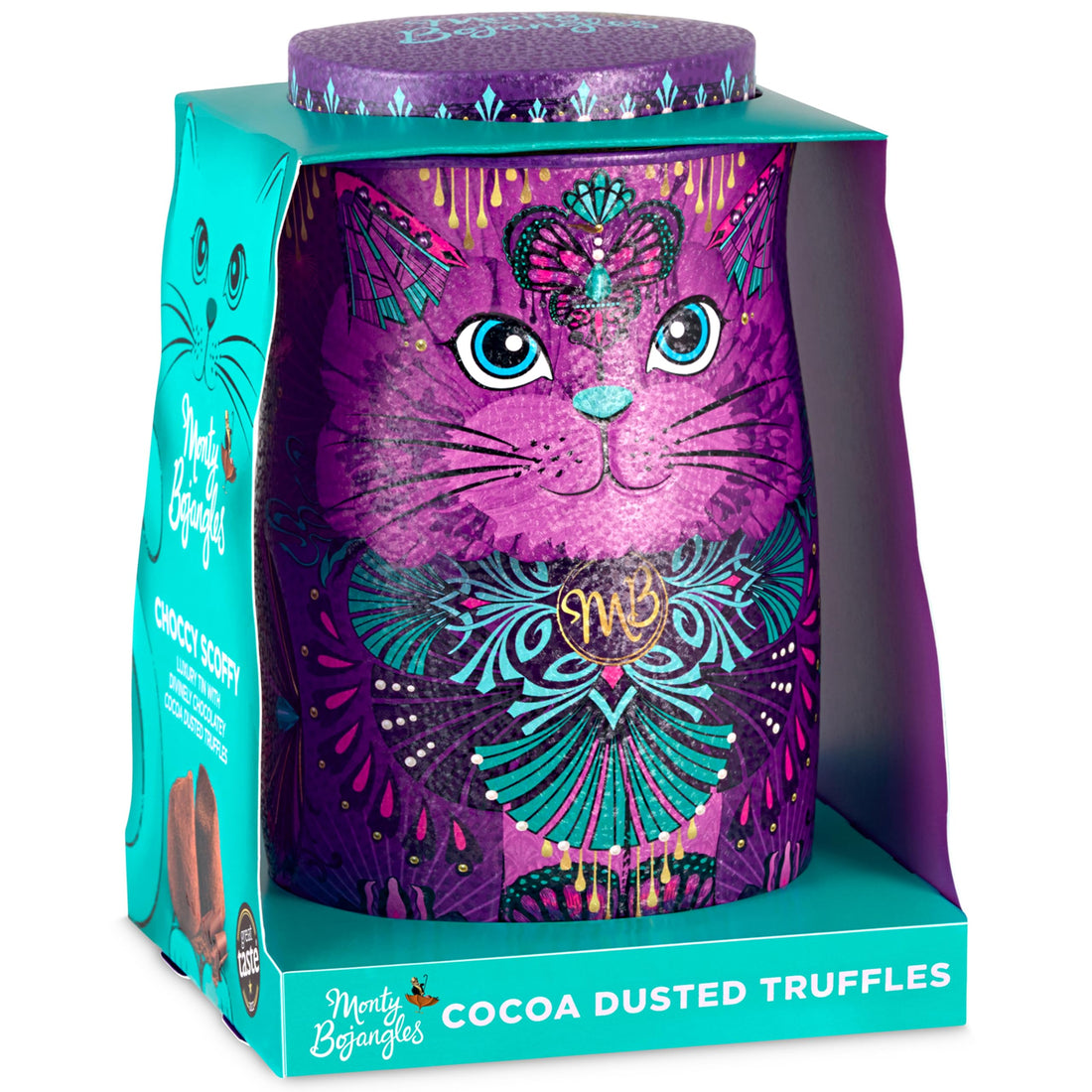 Monty Bojangles Kit-Tins Schokoladentrüffel (4 x 36g) Truffle Pralinen mit Kakao bestäubt Pralinen, Schokolade Sammlerdose mit Katzen-Design, Geschenkset mit vier Geschmacksrichtungen