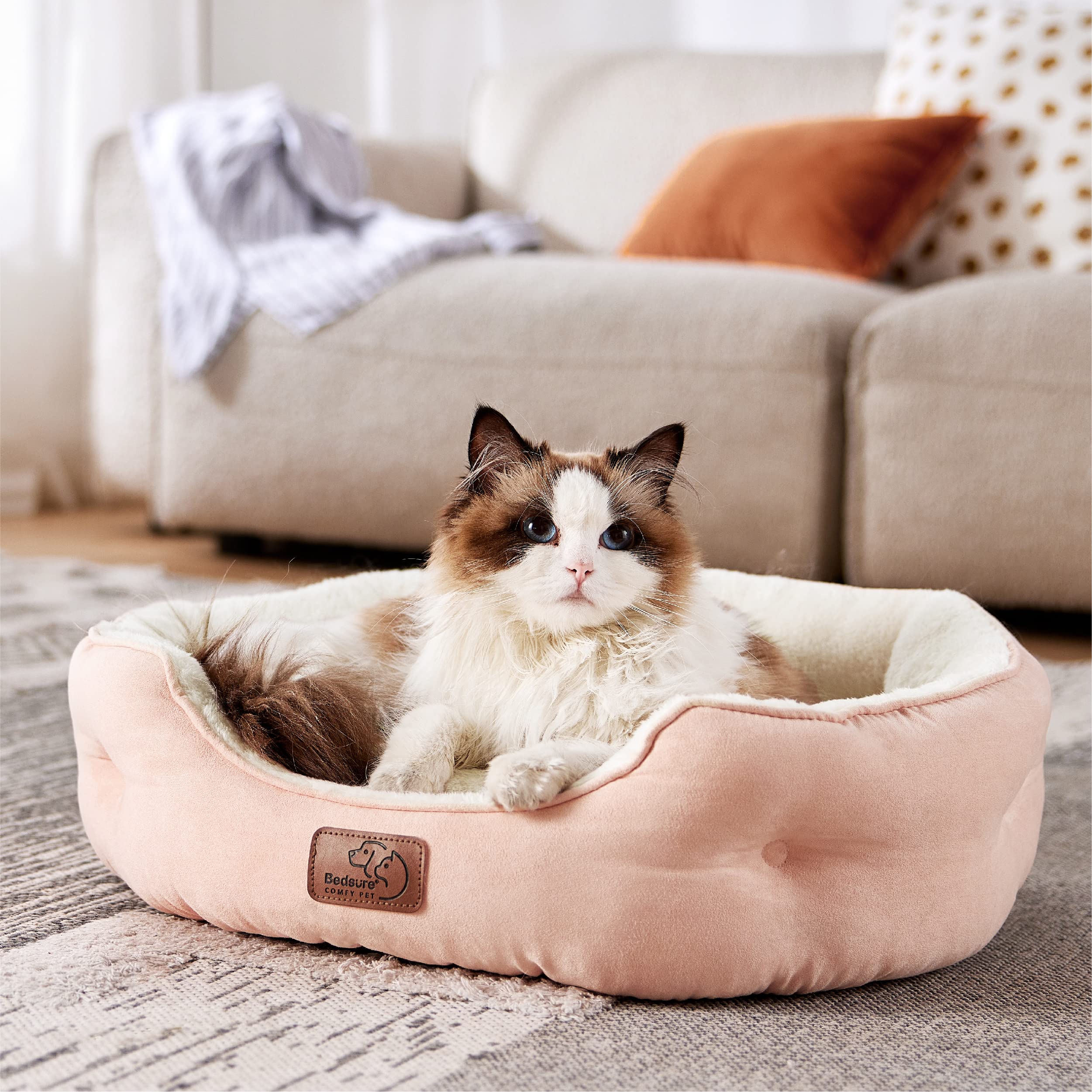 BEDSURE Katzenbett waschbar Katzen Bettchen - 51x48x15cm Katzenkorb mit Zweiseitig Innenkissen Katzenschlafplatz für Katzen oder kleine Hunde,Grau