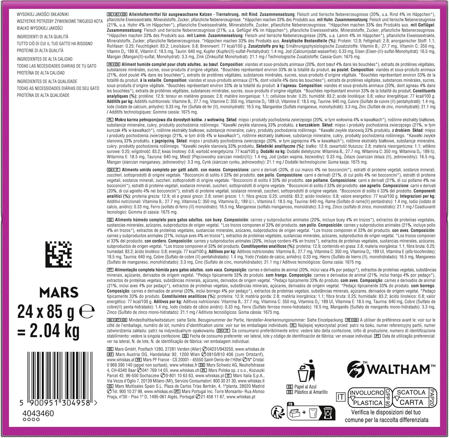 Whiskas 1+ Katzennassfutter Ragout Geflügel Auswahl in Gelee, 40x85g (1 Packung) – Hochwertiges Nassfutter für ausgewachsene Katzen in 40 Portionsbeuteln
