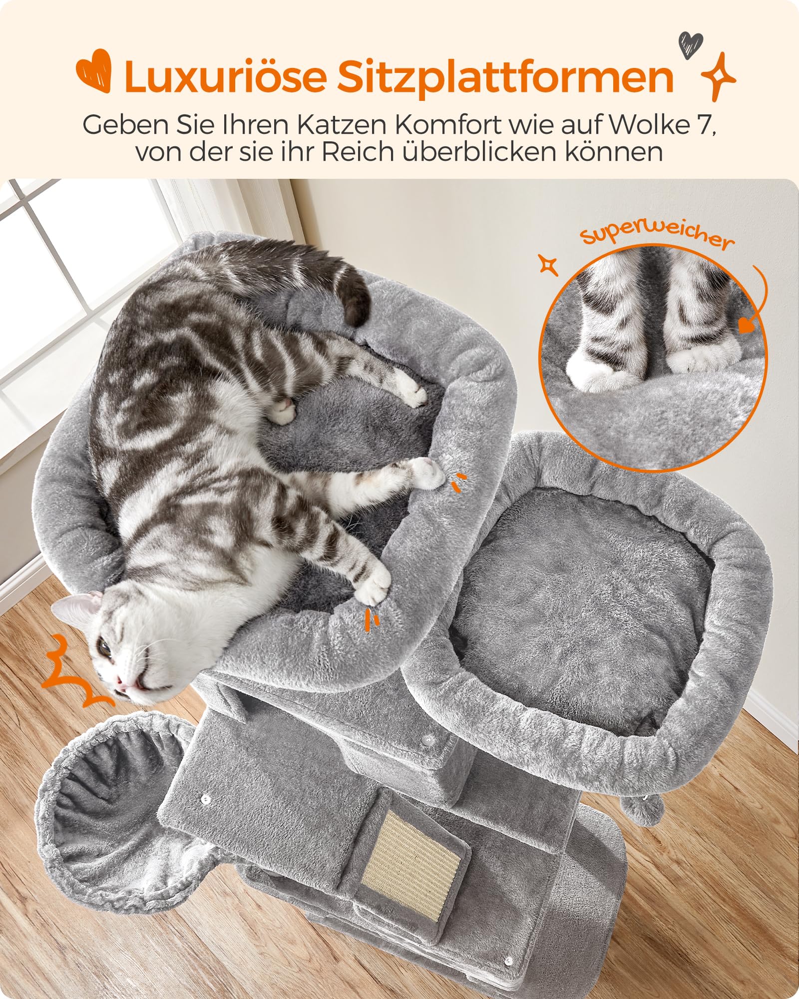 Feandrea Kratzbaum groß, 203,5 cm hoch, XXL Katzenbaum, mit 13 Kratzsäulen, 2 Plattformen, 2 Höhlen, Korb, Hängematte, Plüschbälle, mehrstöckiger Katzenkratzbaum, rauchgrau PCT190G01