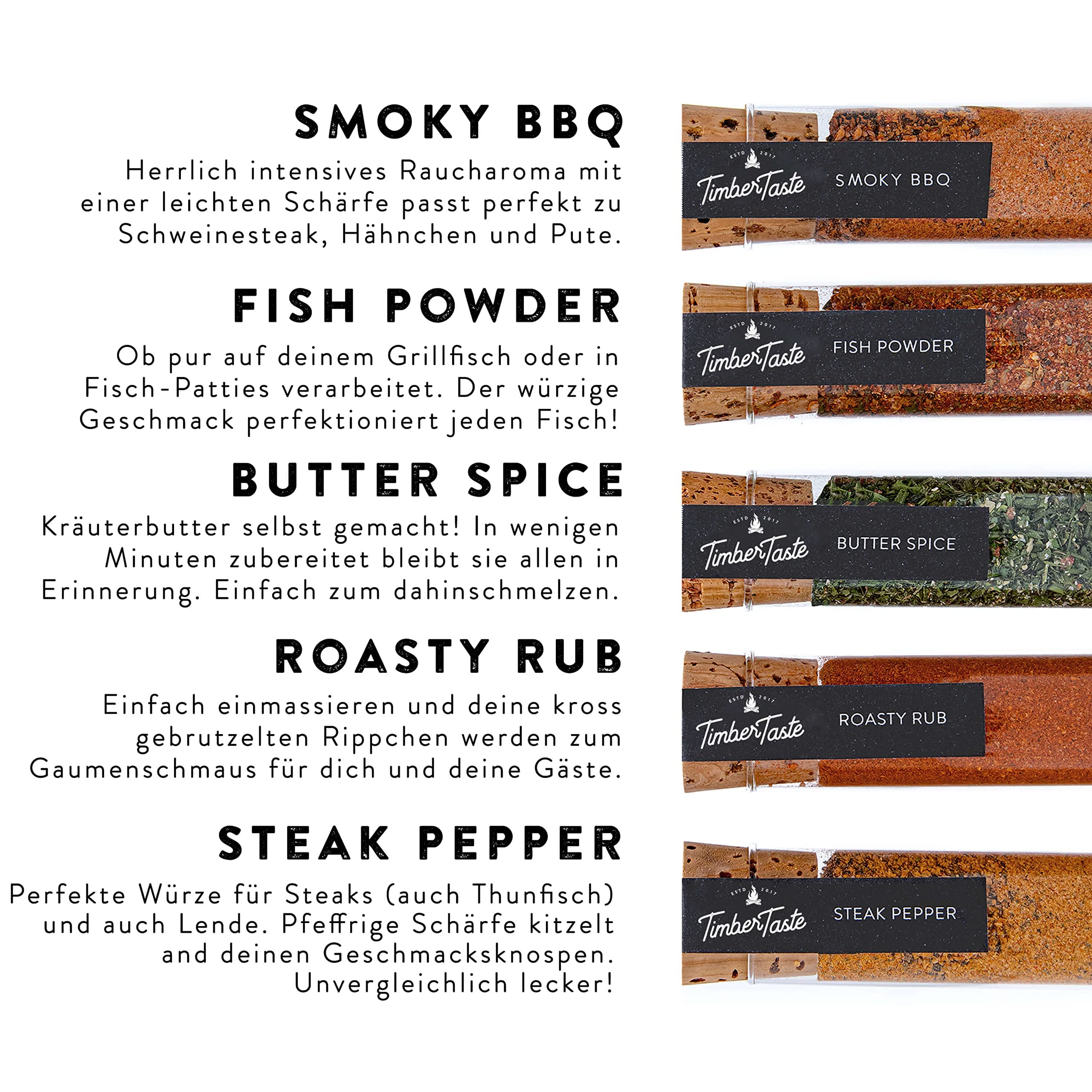 TIMBER TASTE® Grillgewürze Geschenkset - 5 premium BBQ Gewürze Rubs & Marinaden in edler Geschenkbox | Geschenke für Männer | Vatertag Geschenk | Gewürze Geschenkset ideal zum Grillen Geschenk Set