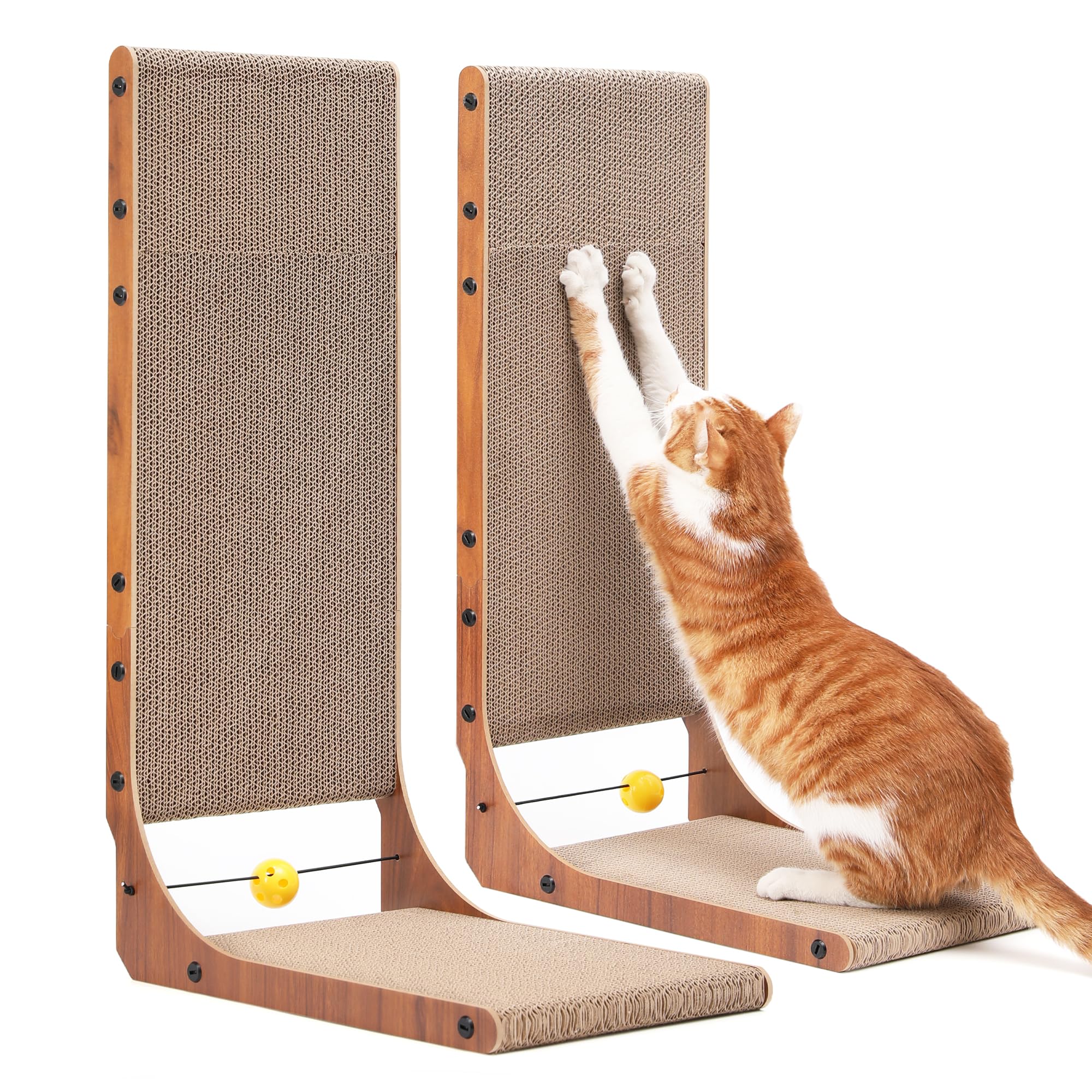 FUKUMARU Kratzbrett Katzen, 68 cm hohe L förmige Kratzpappe für Katzen, widerstandsfähig Katzenkratzbrett mit Ballspielzeug, Kratzmöbel aus hochwertiger Karton für Wand und Ecke, Groß