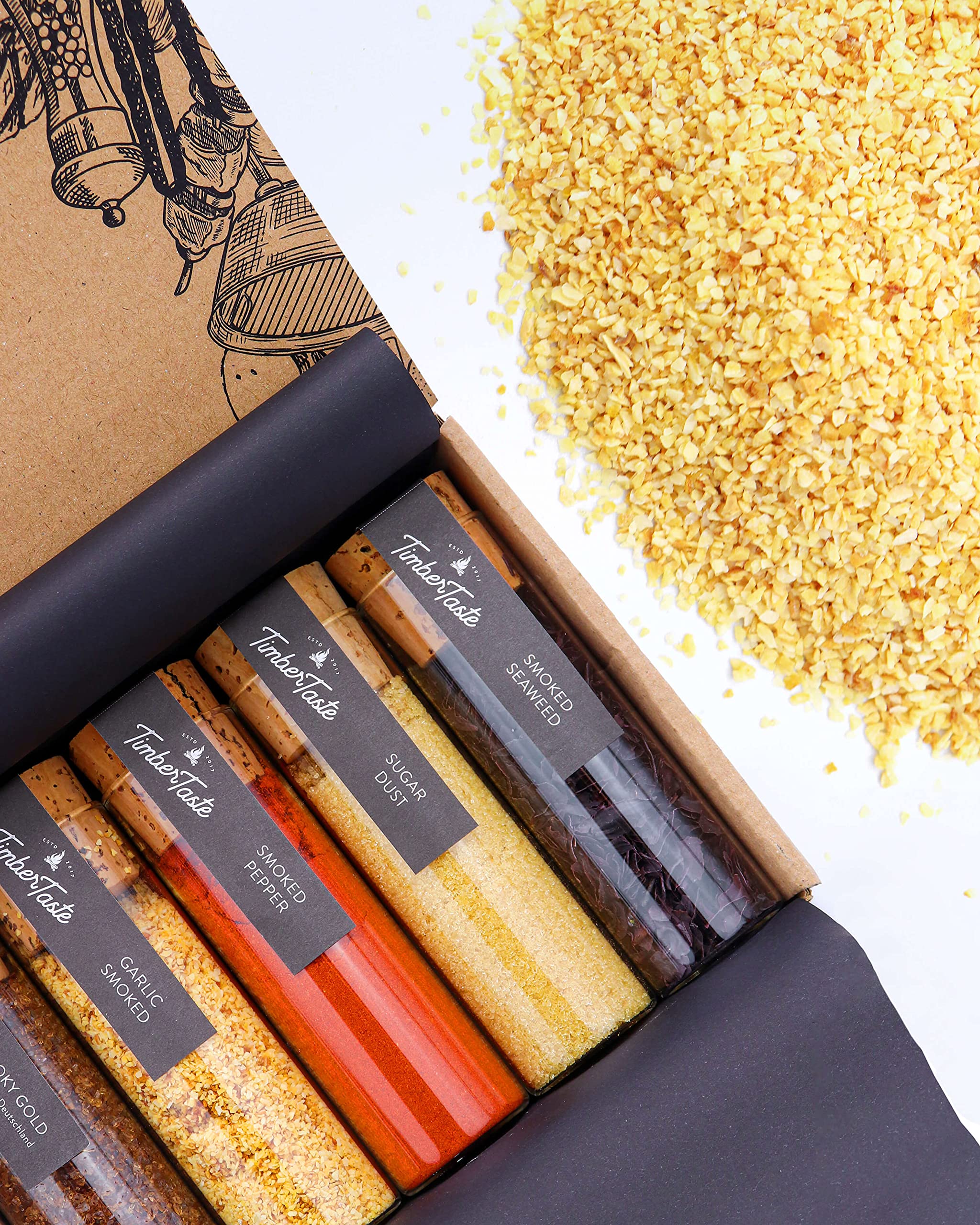 TIMBER TASTE® Grillgewürze Geschenkset - 5 premium BBQ Gewürze Rubs & Marinaden in edler Geschenkbox | Geschenke für Männer | Vatertag Geschenk | Gewürze Geschenkset ideal zum Grillen Geschenk Set