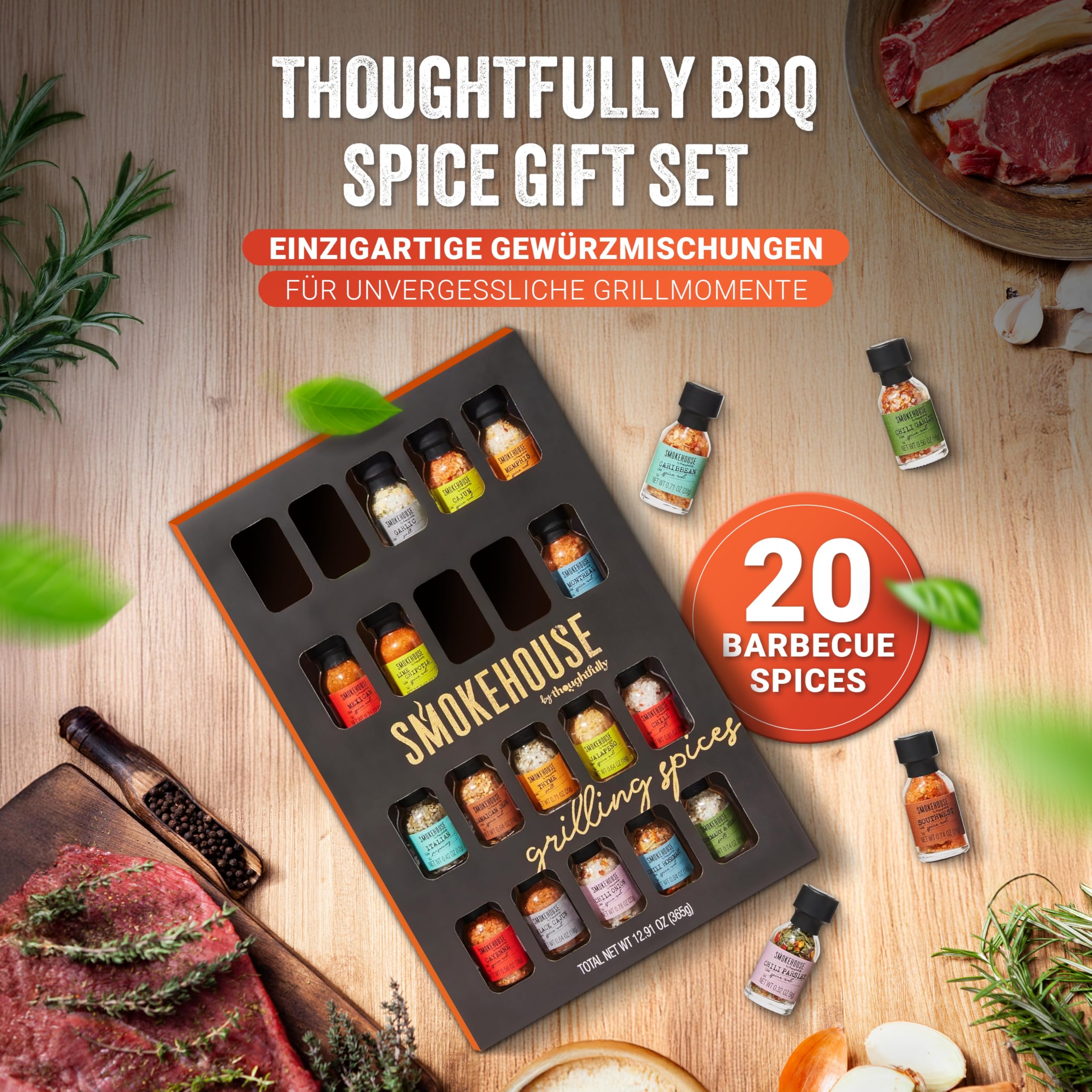 Thoughtfully BBQ Gewürze Geschenkset - Set mit 20 Grillgewürzen & BBQ Gewürzmischungen – Gewürze Set für Grillen & Barbecue – Geschenk zum Vatertag