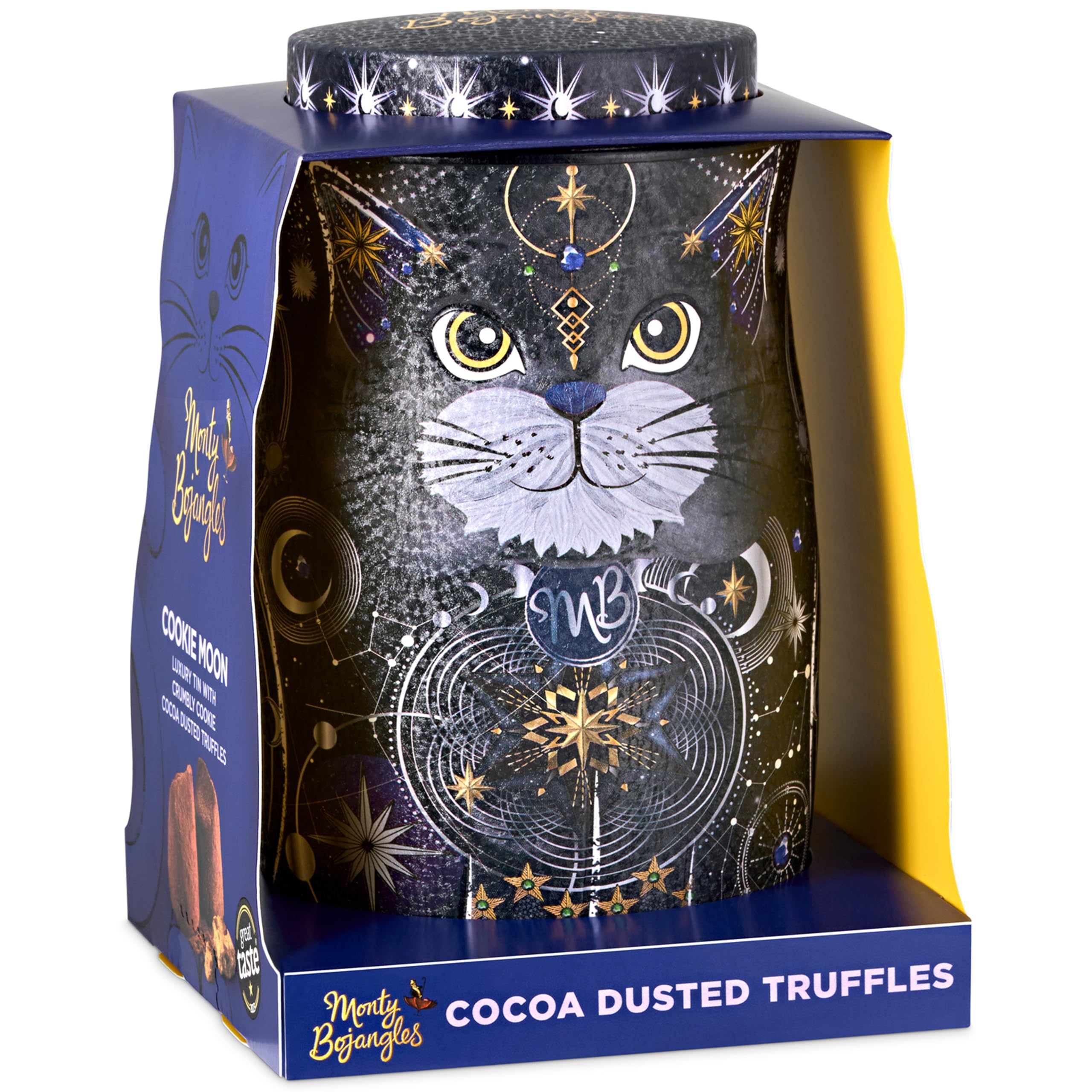 Monty Bojangles Kit-Tins Schokoladentrüffel (4 x 36g) Truffle Pralinen mit Kakao bestäubt Pralinen, Schokolade Sammlerdose mit Katzen-Design, Geschenkset mit vier Geschmacksrichtungen