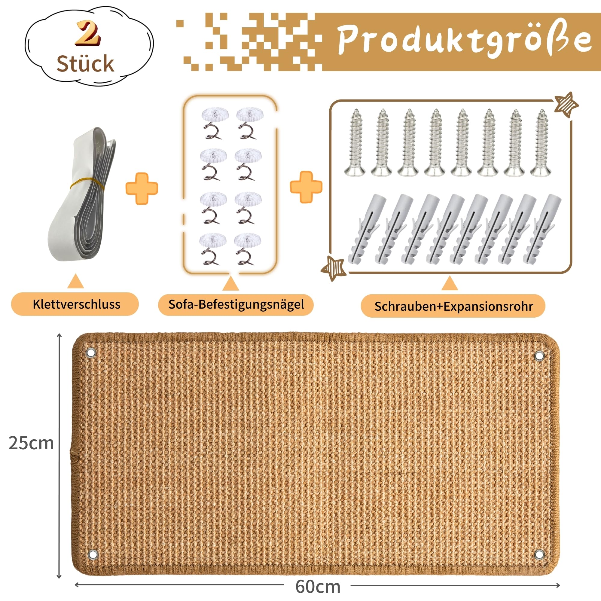 2 Stück Kratzmatte aus Sisal, Kratzmatte für Katzen, mit Klebeband, Katzenkratzmatte, Teppich zum Schutz der Wand, 60 × 25 cm (Braun)