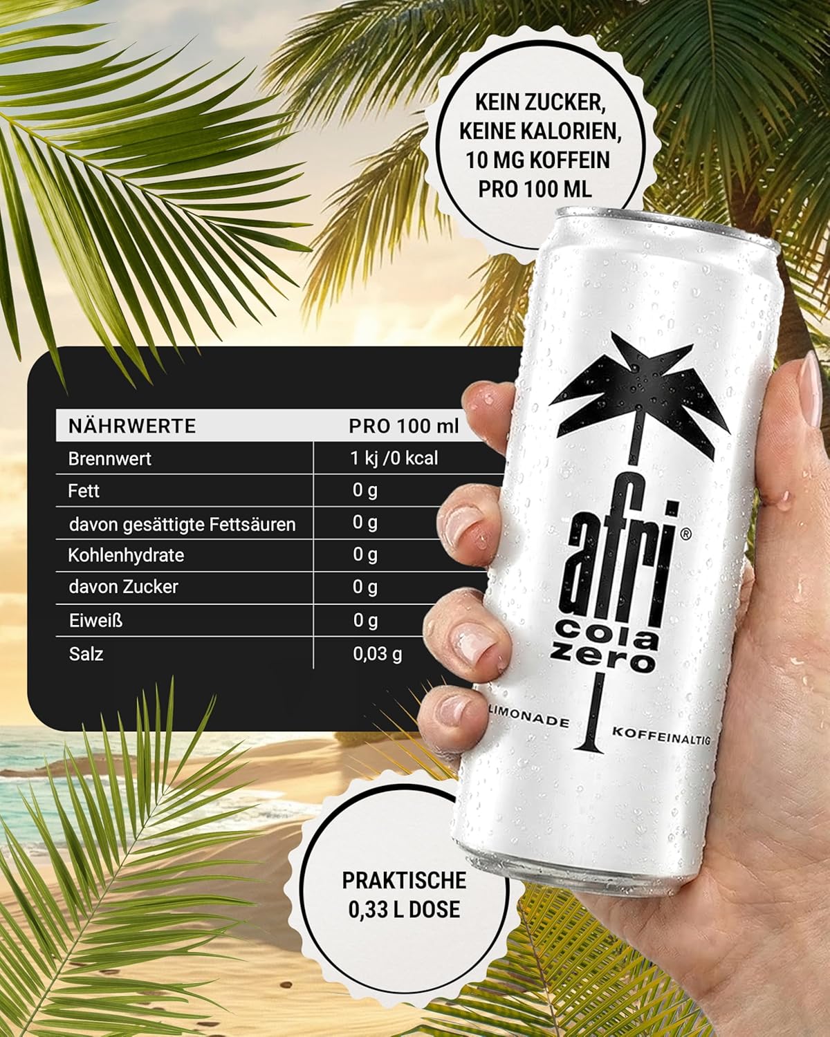 afri cola Zero – Cola-Drink kalorienfrei 24 x 330 ml in der Dose – Kultgetränk ohne Zucker mit vollem afri-Geschmack – Koffeinhaltige Cola-Limonade mit Süßungsmitteln in praktischen Getränkedosen
