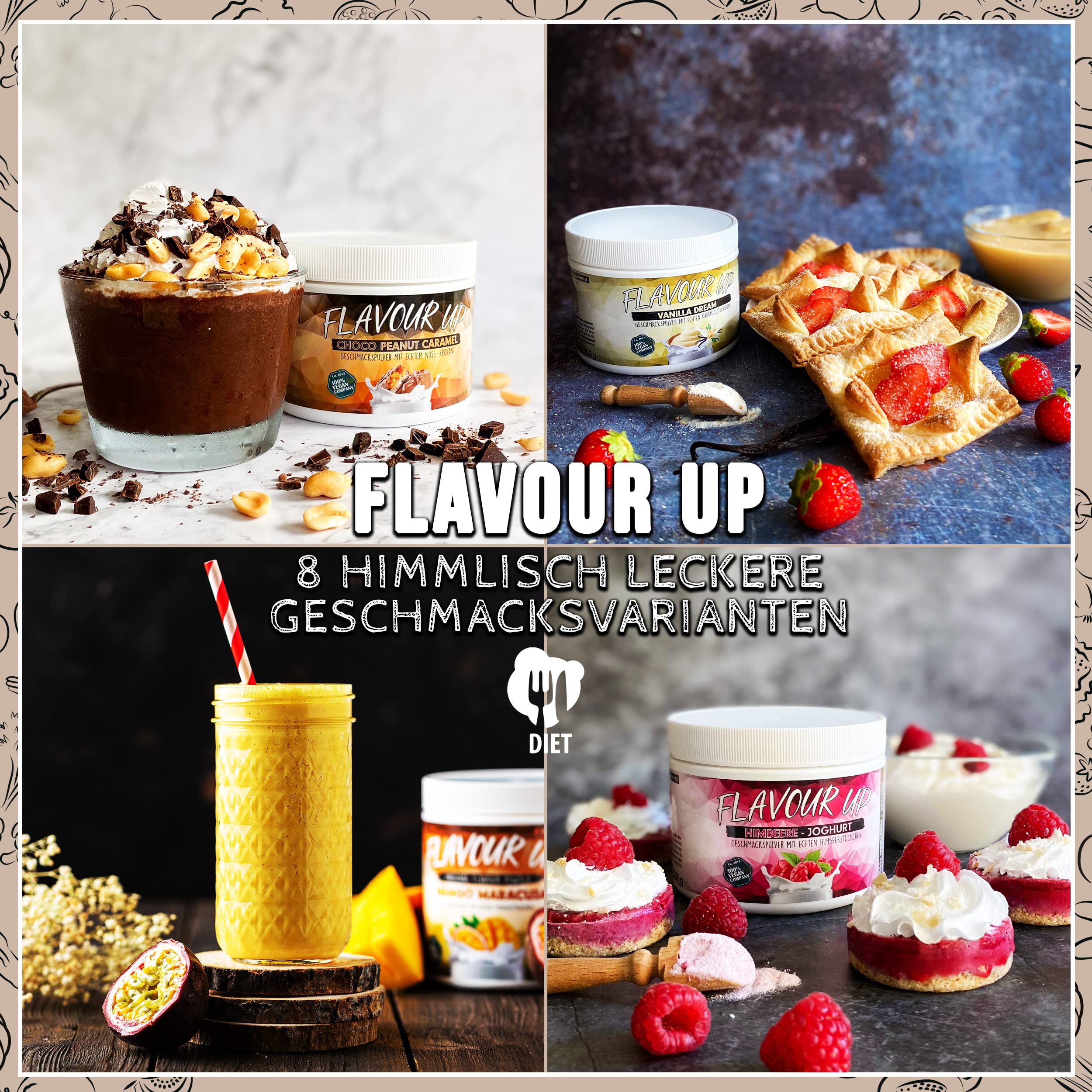 Geschmackspulver MIX PACK mit 8x30g Proben, 8 unglaublich leckere Flavours, nur 8-14 kcal pro Portion, Aroma & angenehme Süße, vielseitig einsetzbar für Lebensmittel & Getränke, FLAVOUR UP