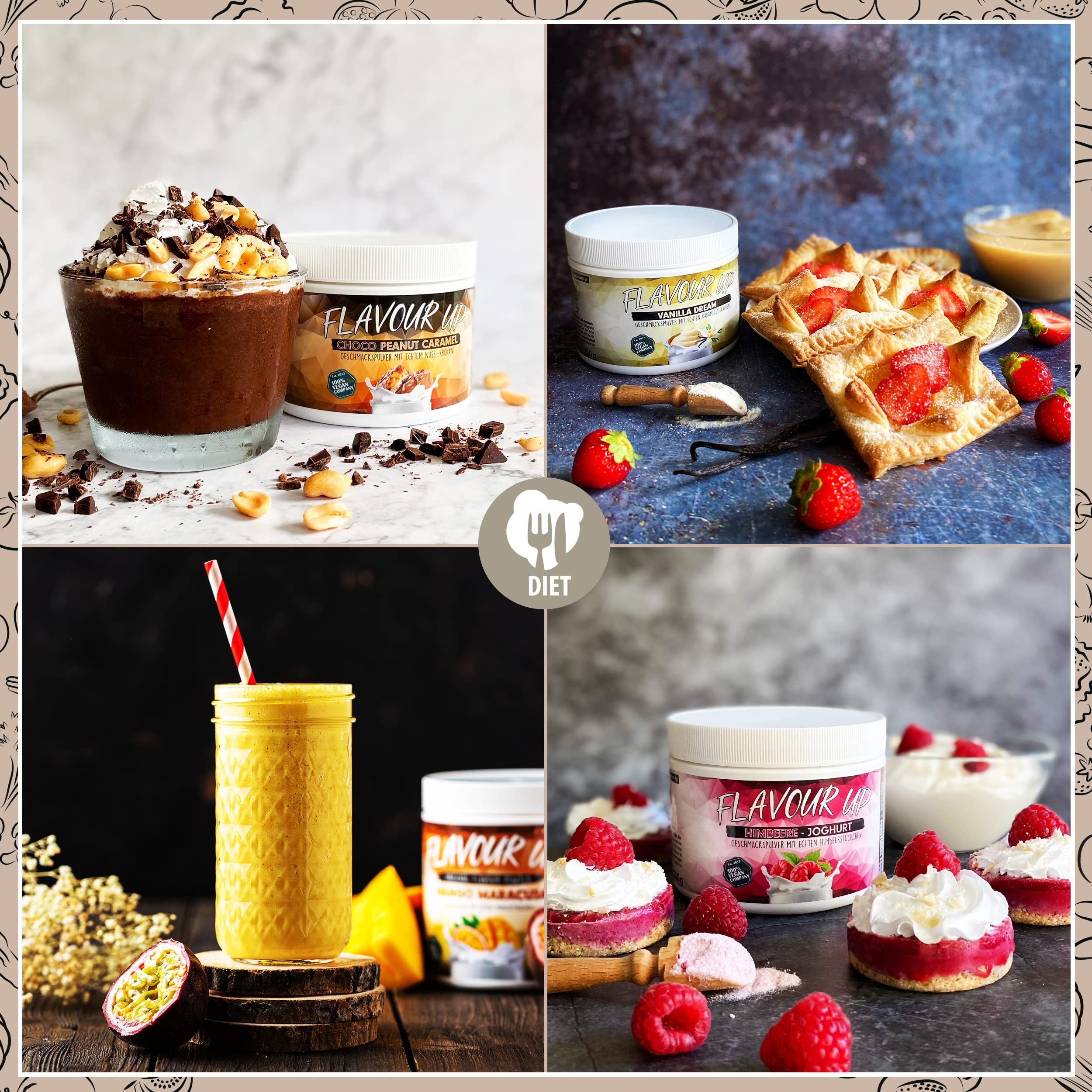 Geschmackspulver MIX PACK mit 8x30g Proben, 8 unglaublich leckere Flavours, nur 8-14 kcal pro Portion, Aroma & angenehme Süße, vielseitig einsetzbar für Lebensmittel & Getränke, FLAVOUR UP
