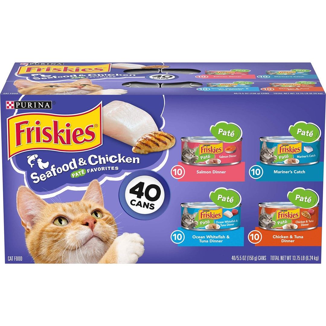 Purina Friskies Paté Wet Cat Food Variety Pack Seafood and Chicken Paté Favorites 40ct VP - (Pack of 40) 5.5 oz. Cans