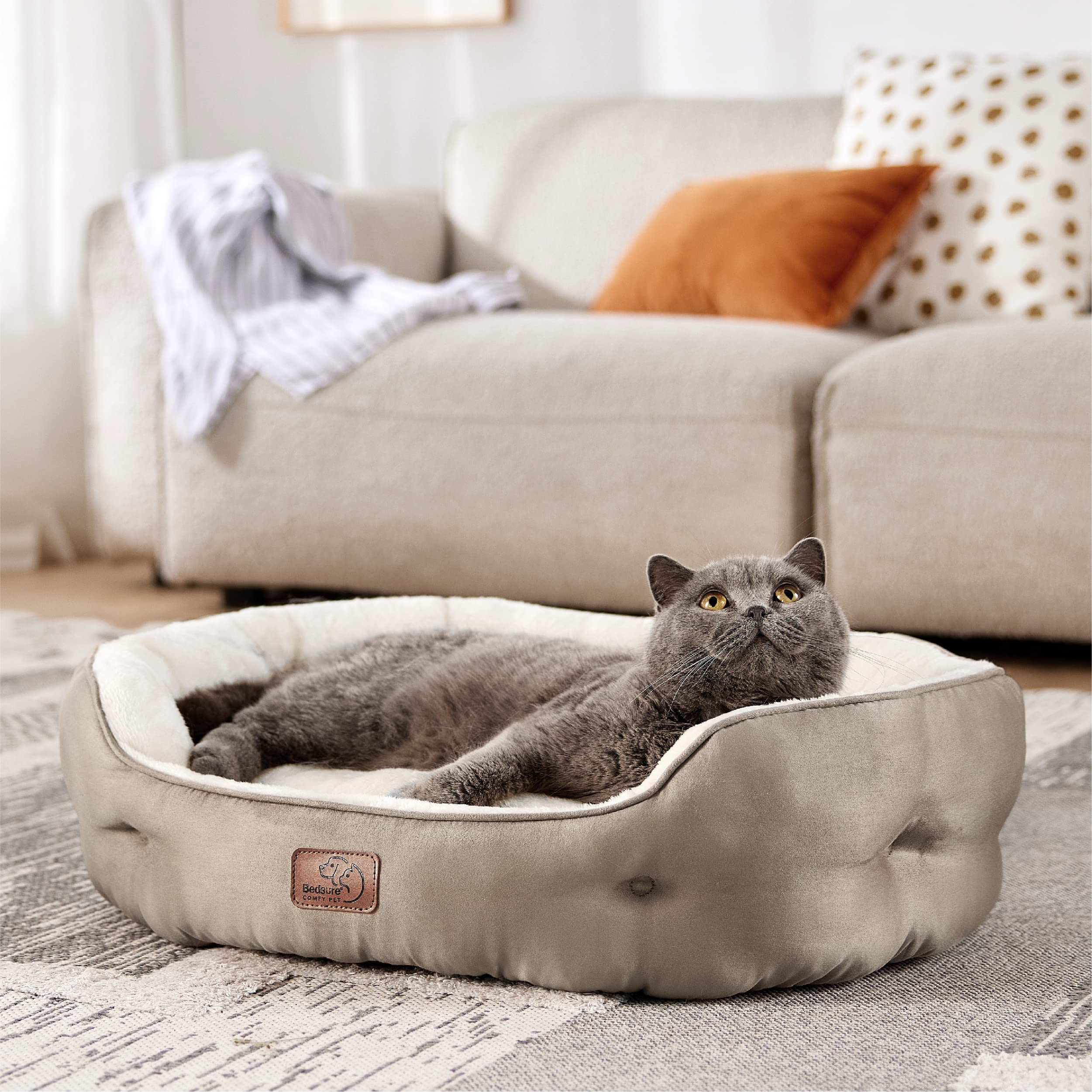 BEDSURE Katzenbett waschbar Katzen Bettchen - 51x48x15cm Katzenkorb mit Zweiseitig Innenkissen Katzenschlafplatz für Katzen oder kleine Hunde,Grau