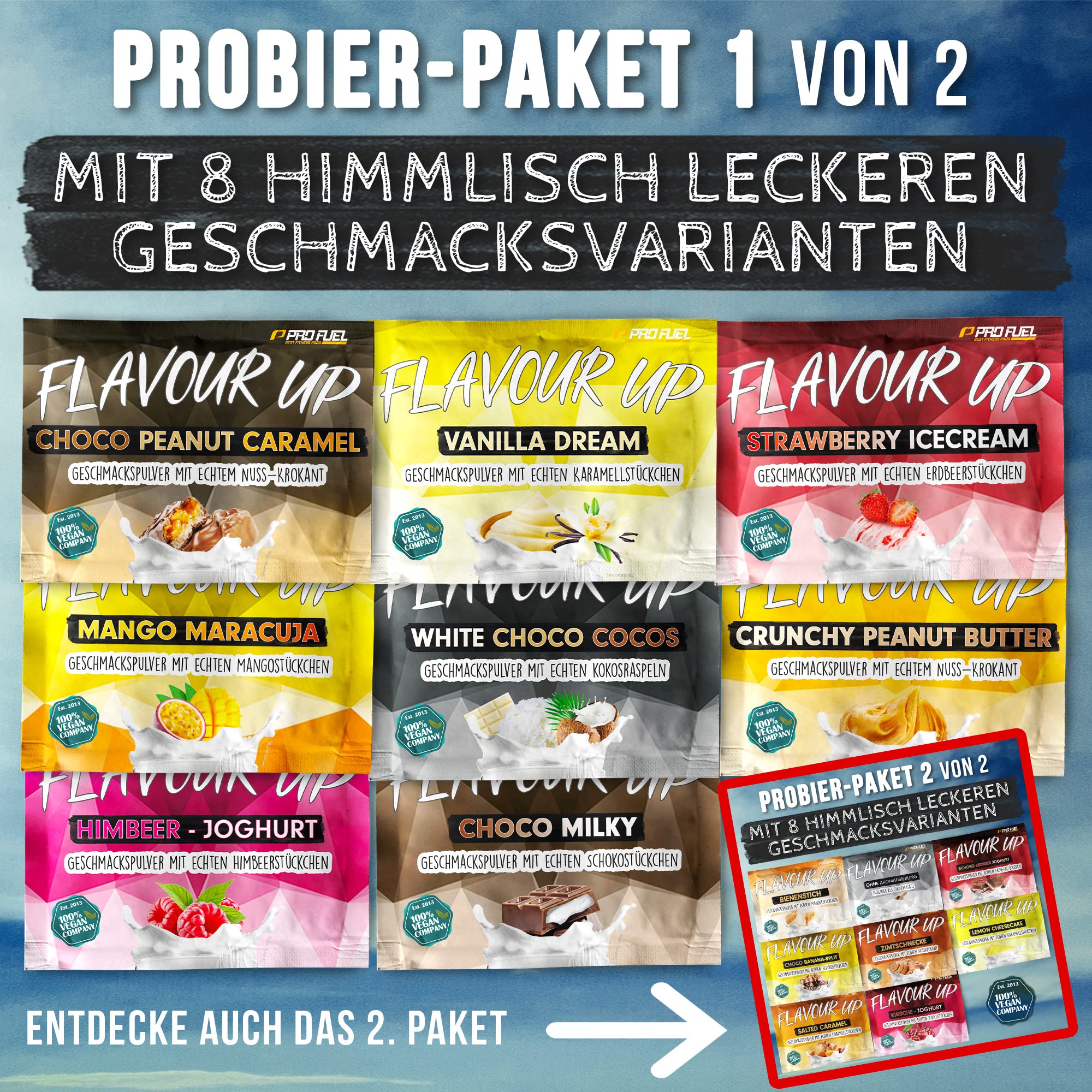 Geschmackspulver MIX PACK mit 8x30g Proben, 8 unglaublich leckere Flavours, nur 8-14 kcal pro Portion, Aroma & angenehme Süße, vielseitig einsetzbar für Lebensmittel & Getränke, FLAVOUR UP