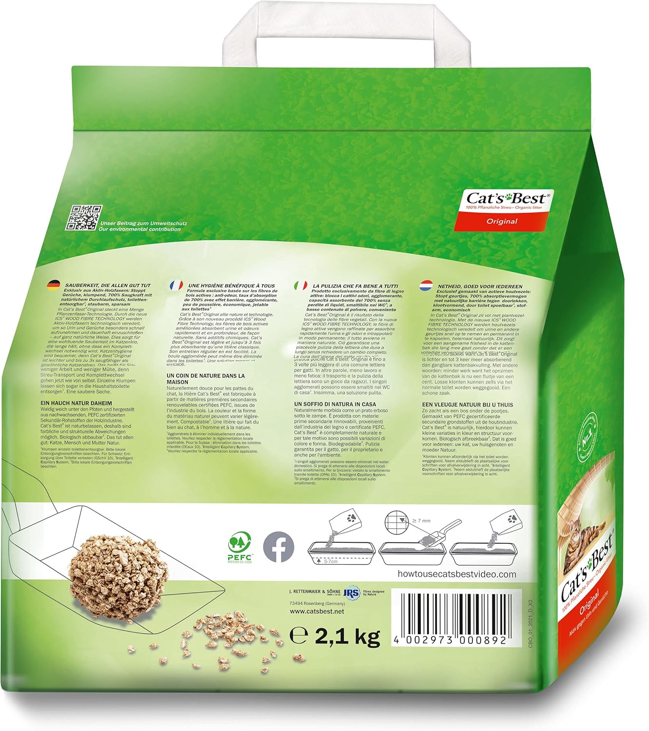 Cat’s Best Original Katzenstreu, 100% pflanzliches Katzenklumpstreu mit maximaler Saugfähigkeit – bekämpft Gerüche natürlich und aktiv, 8,6 kg/20 l (Verpackung kann variieren)