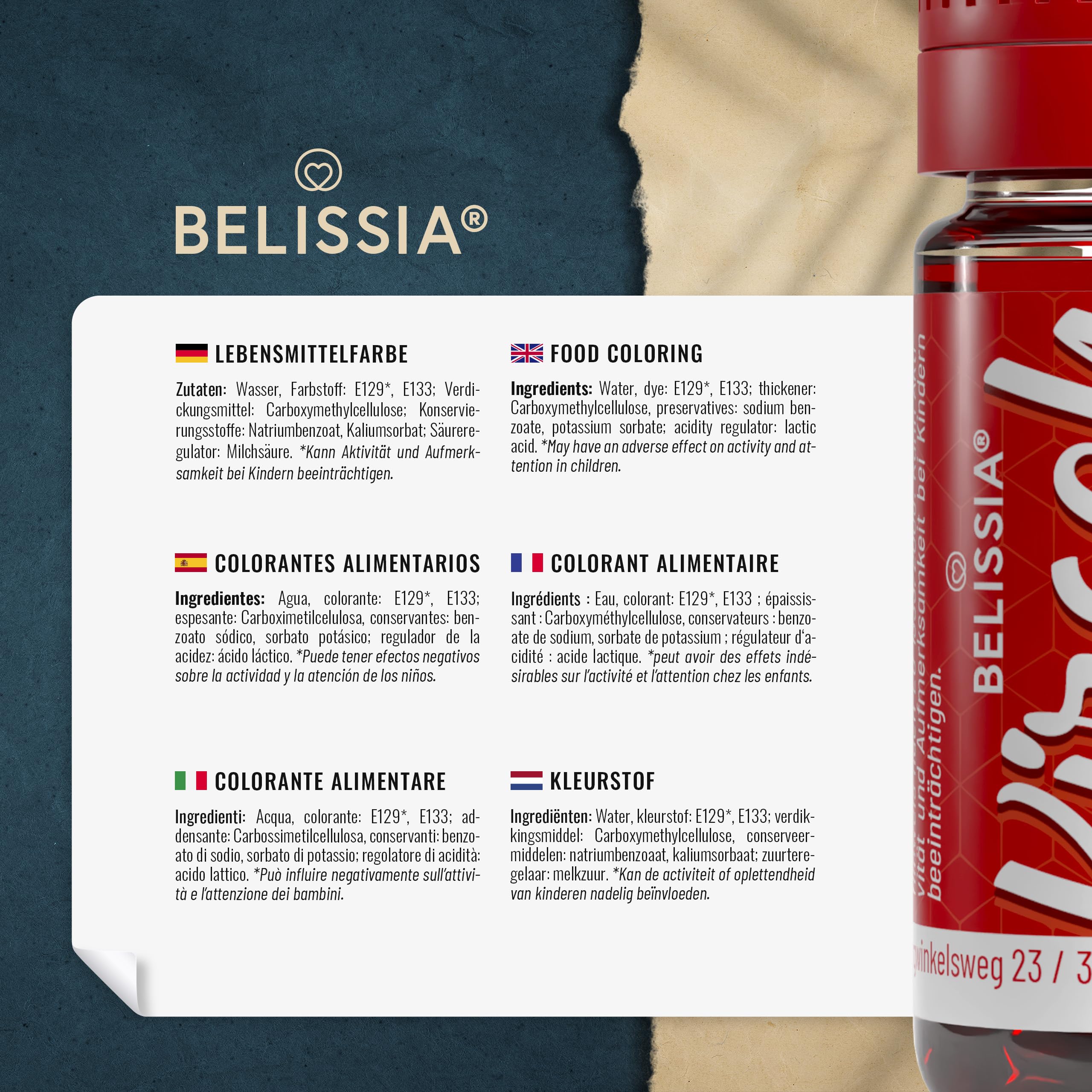Belissia Lebensmittelfarbe Set – 8x10ml flüssig & hochkonzentriert – Lebensmittelechte Speisefarbe zum Backen, Kochen, Fondant & DIY - vegan, stark färbend, geschmacksneutral
