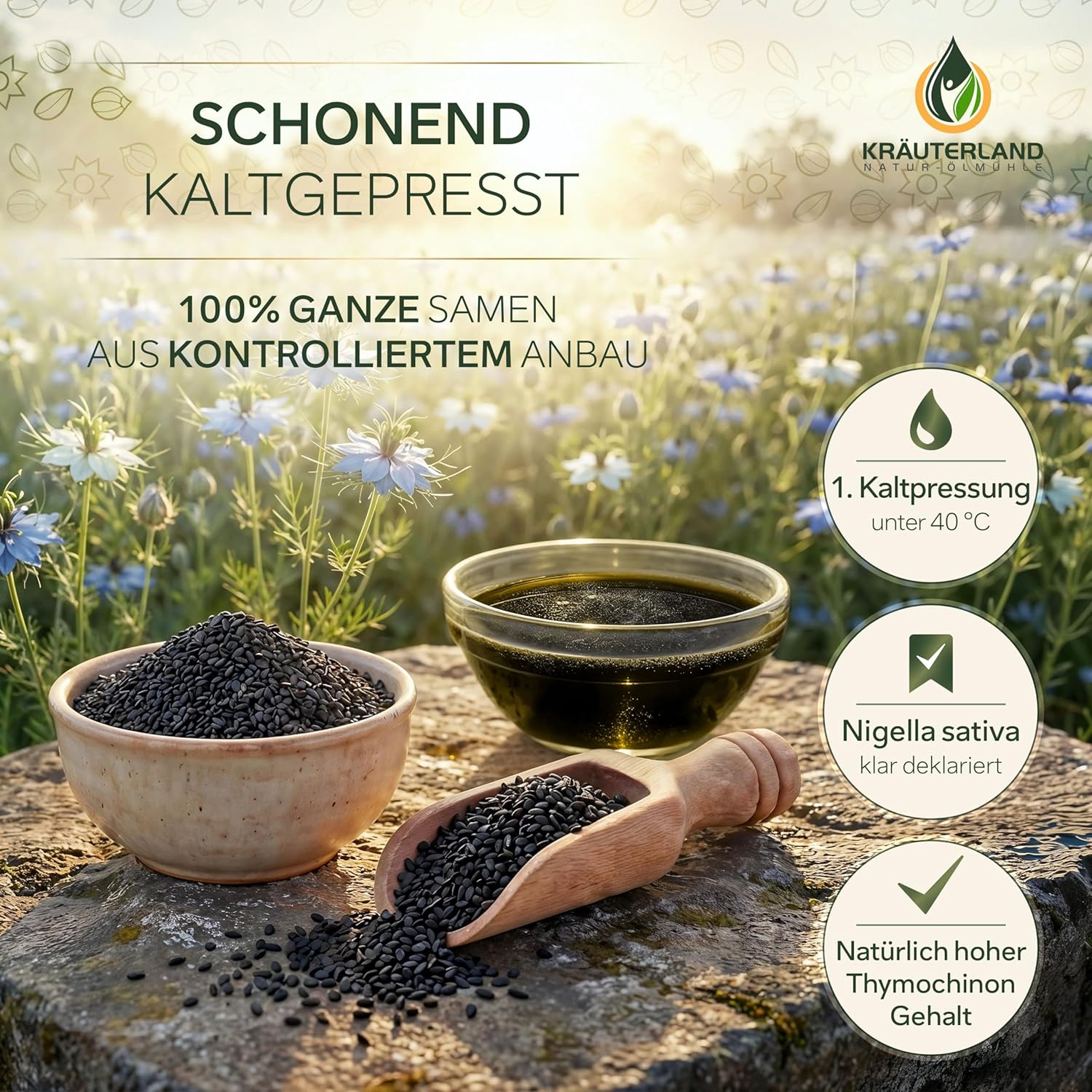 Kräuterland Schwarzkümmelöl 4X250ml (1000ml), ungefiltert, Omega 3-6-9, naturrein ohne Zusatzstoffe, hoher Thymoquinine, vegan, mild, kaltgepresst, mühlenfrisch aus unsrer hessischen Ölmühle
