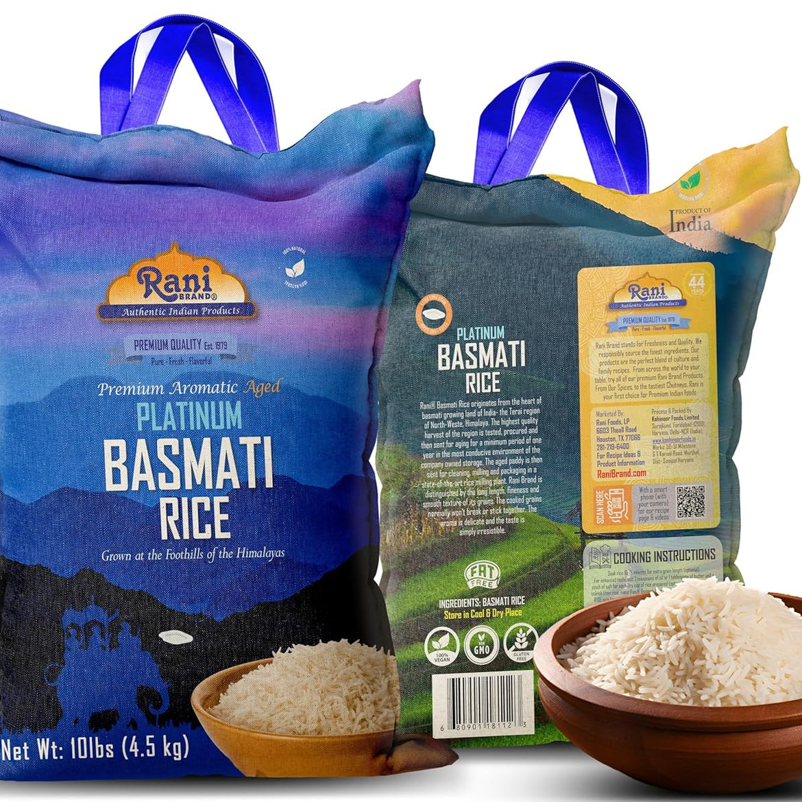 Rani Platinum White Basmati Rice Extra Long Aged 10-Pound Bag, 160oz (10lbs) 4.53kg ~ All Natural | Gluten Friendly | Vegan | Indian Origin | Kosher | Export Quality